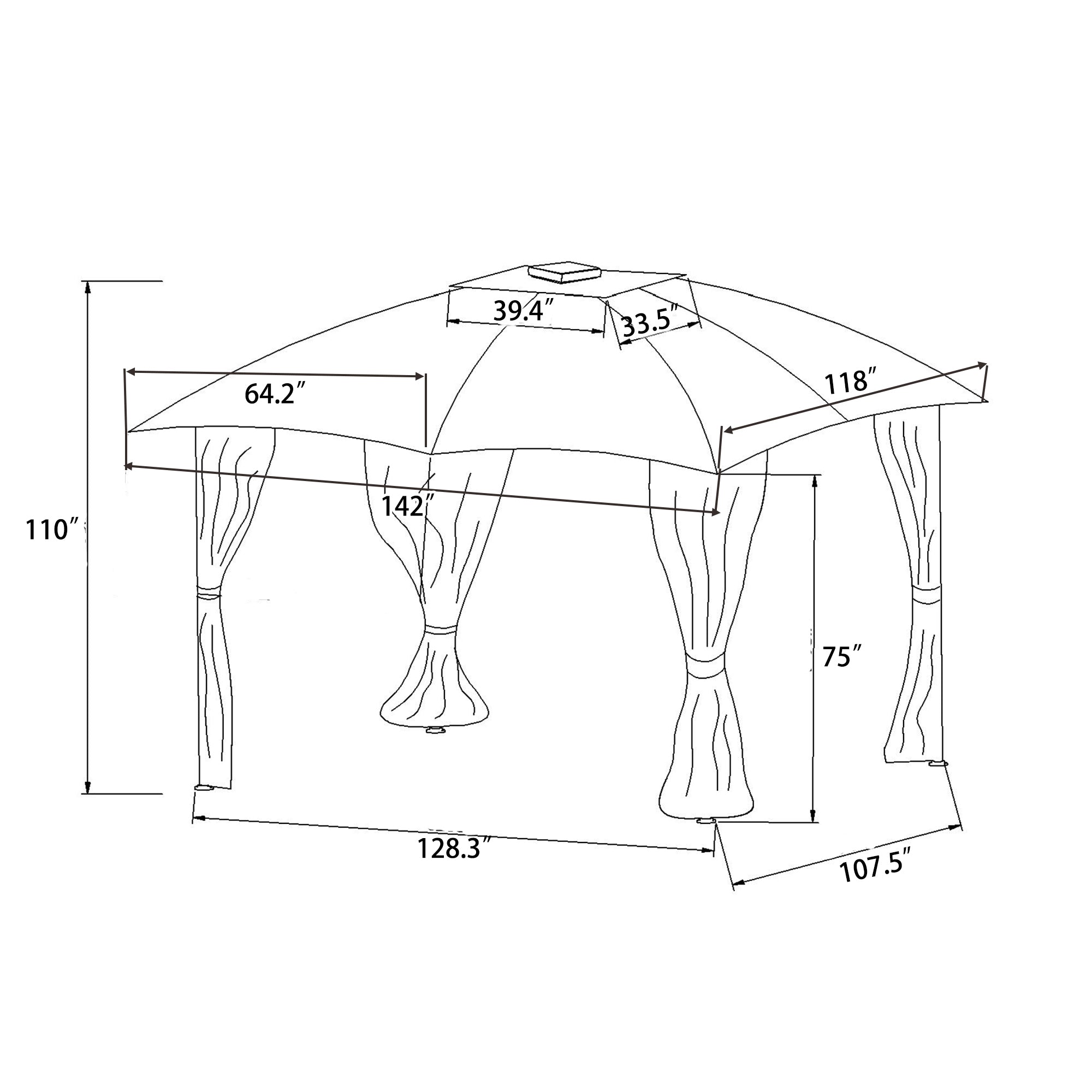 10 ft. x 12 ft. Outdoor Brown Double Vents Gazebo Patio Metal Canopy with Screen and LED Lights