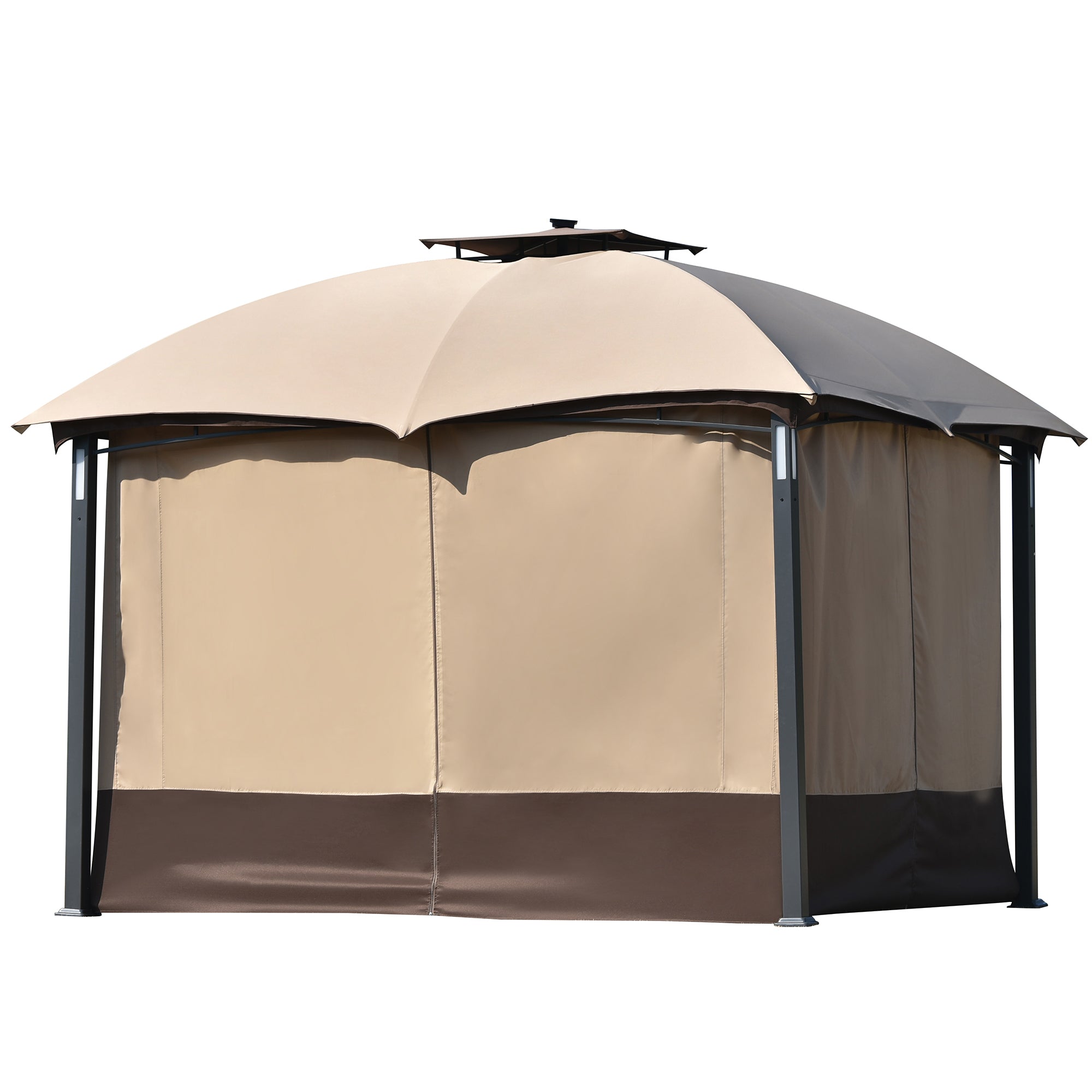 10 ft. x 12 ft. Outdoor Brown Double Vents Gazebo Patio Metal Canopy with Screen and LED Lights