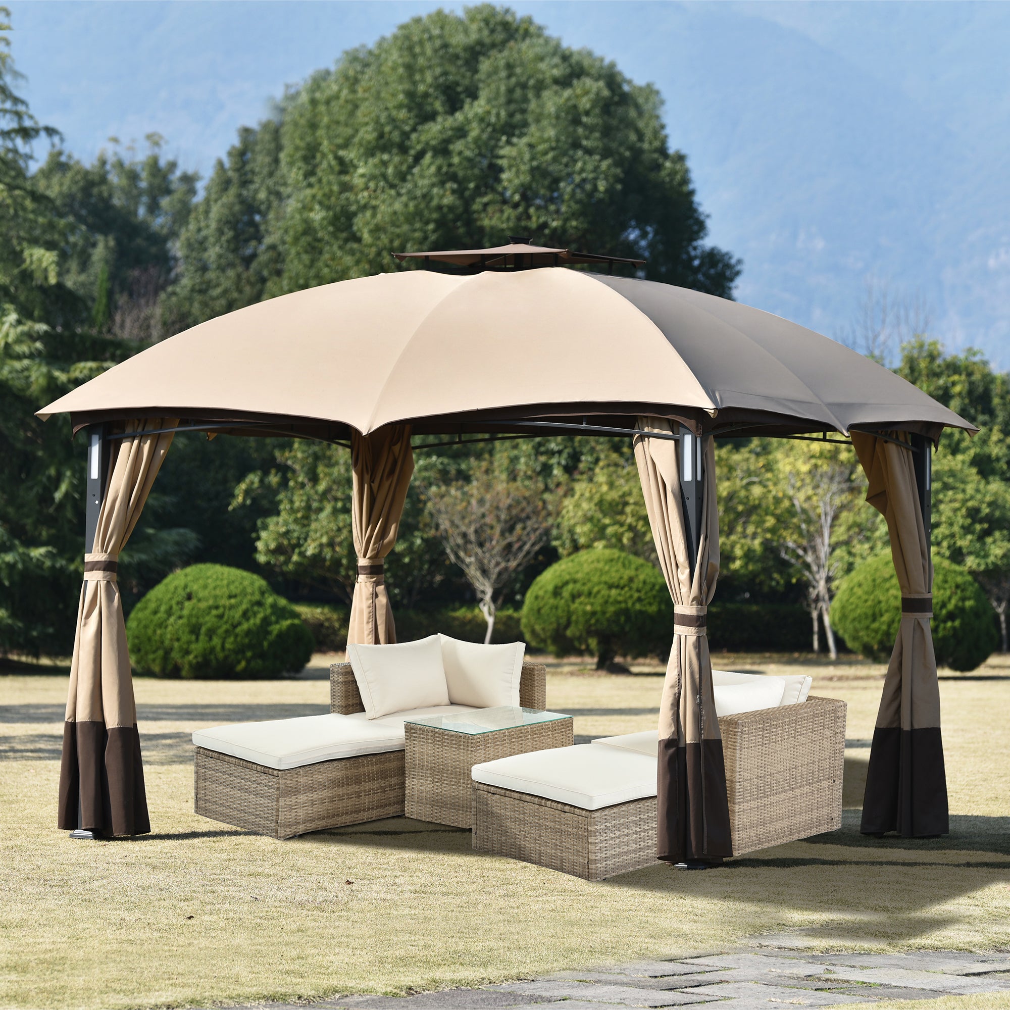 10 ft. x 12 ft. Outdoor Brown Double Vents Gazebo Patio Metal Canopy with Screen and LED Lights