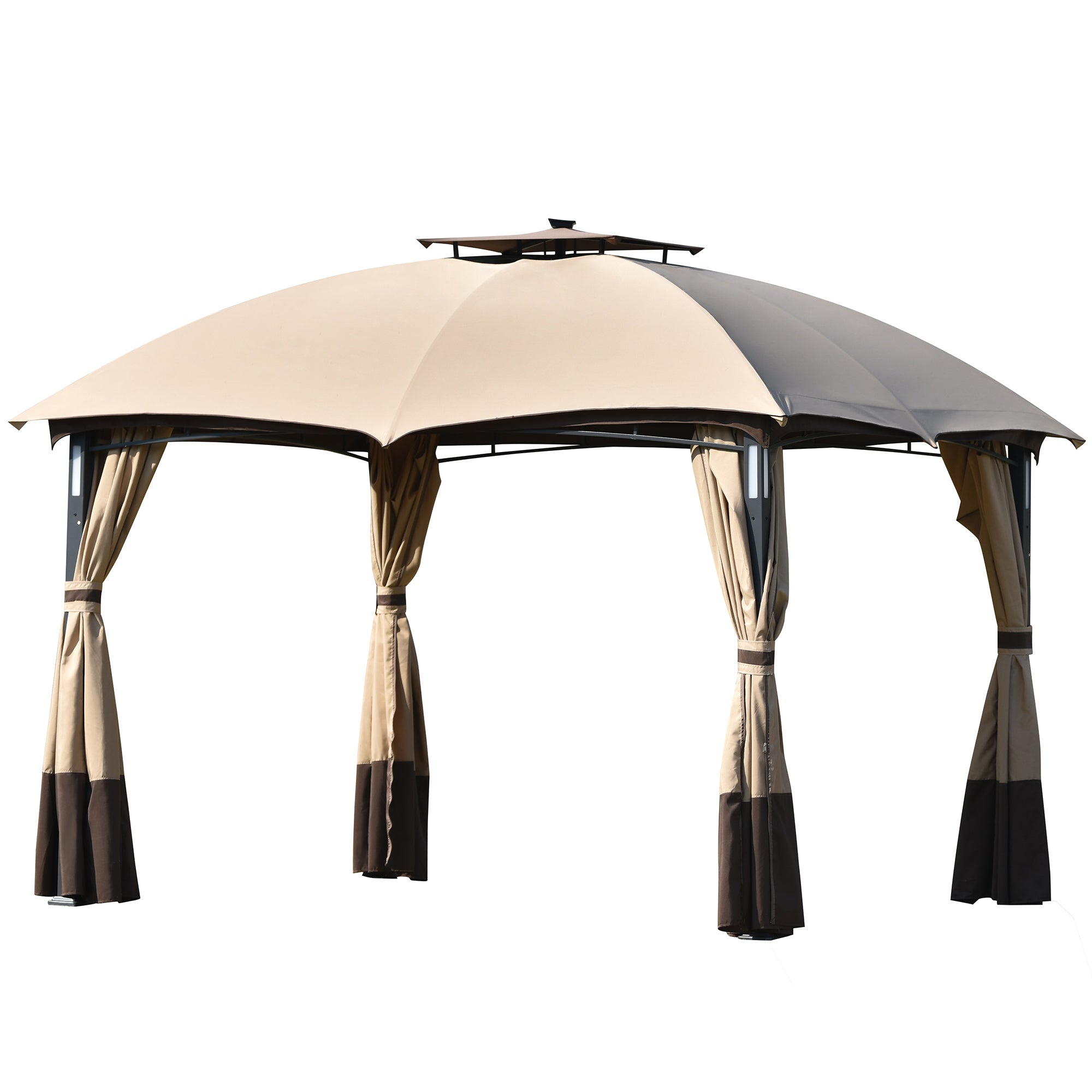 10 ft. x 12 ft. Outdoor Brown Double Vents Gazebo Patio Metal Canopy with Screen and LED Lights