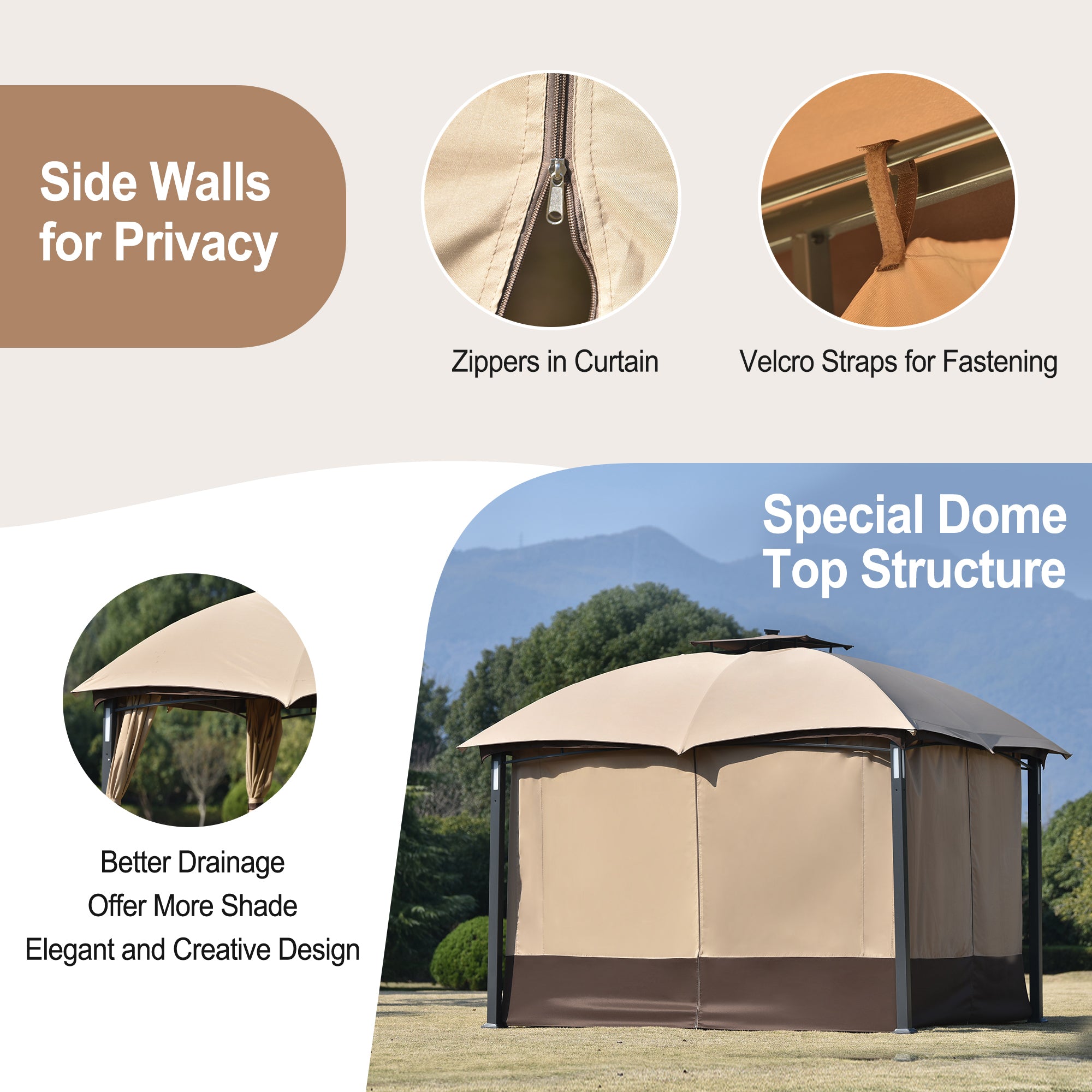 10 ft. x 12 ft. Outdoor Brown Double Vents Gazebo Patio Metal Canopy with Screen and LED Lights