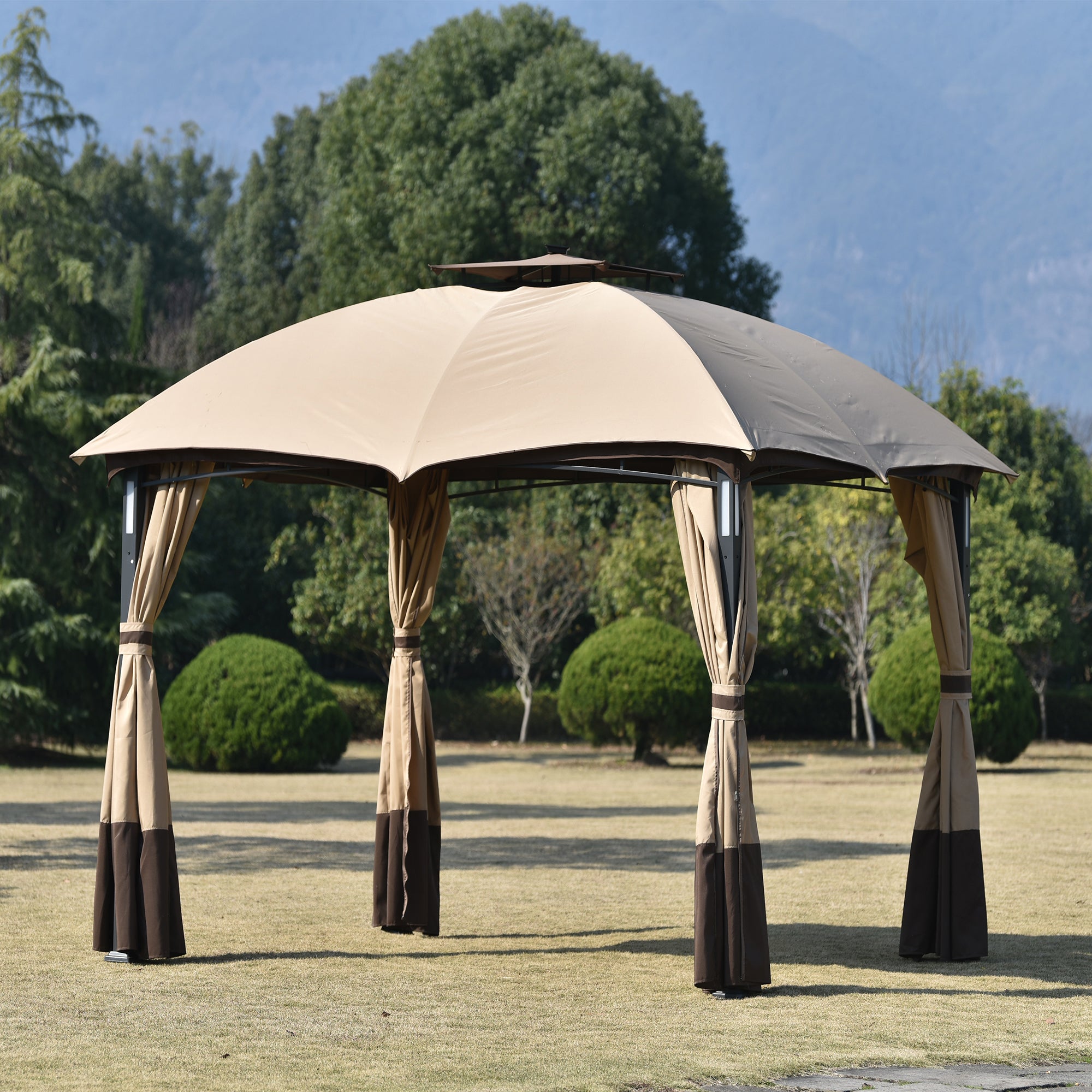 10 ft. x 12 ft. Outdoor Brown Double Vents Gazebo Patio Metal Canopy with Screen and LED Lights