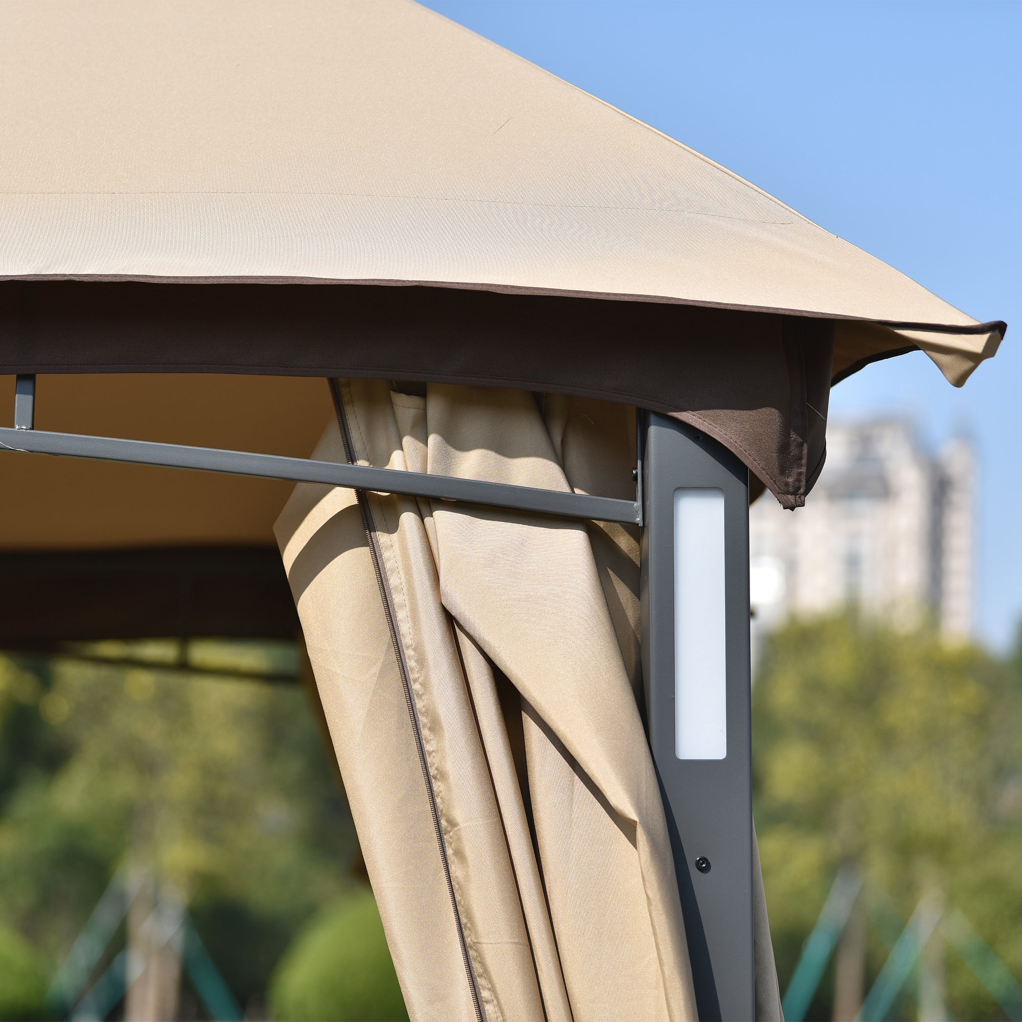 10 ft. x 12 ft. Outdoor Brown Double Vents Gazebo Patio Metal Canopy with Screen and LED Lights