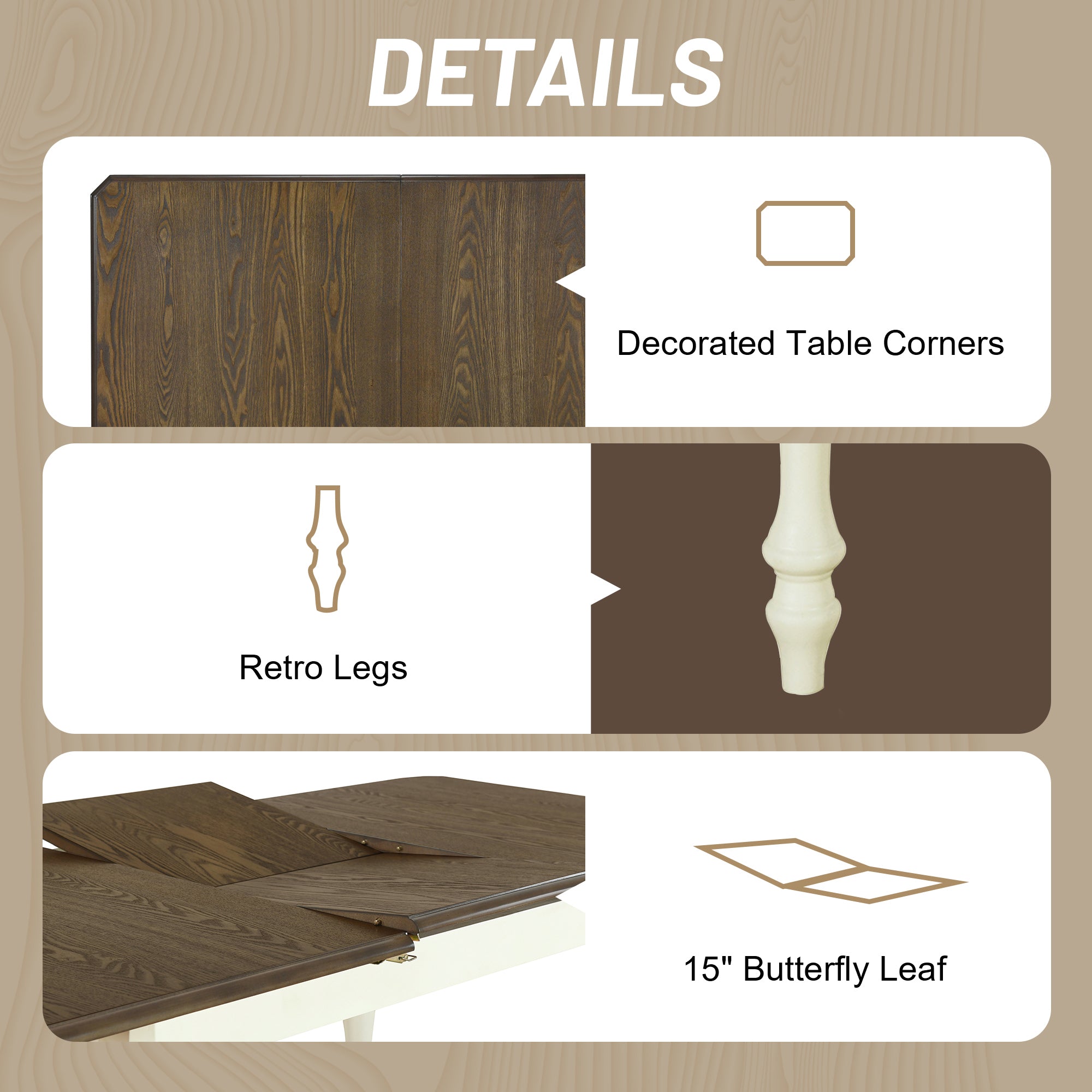 5-Piece Solid Wood Dining Table Set with Table and Four Chairs