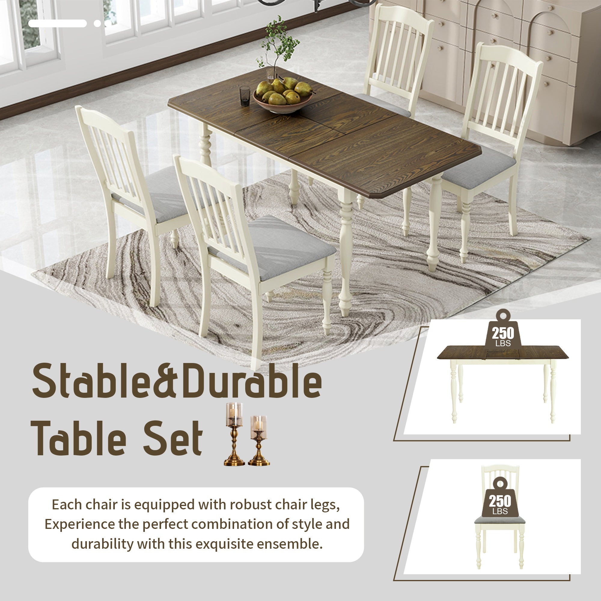 5-Piece Solid Wood Dining Table Set with Table and Four Chairs