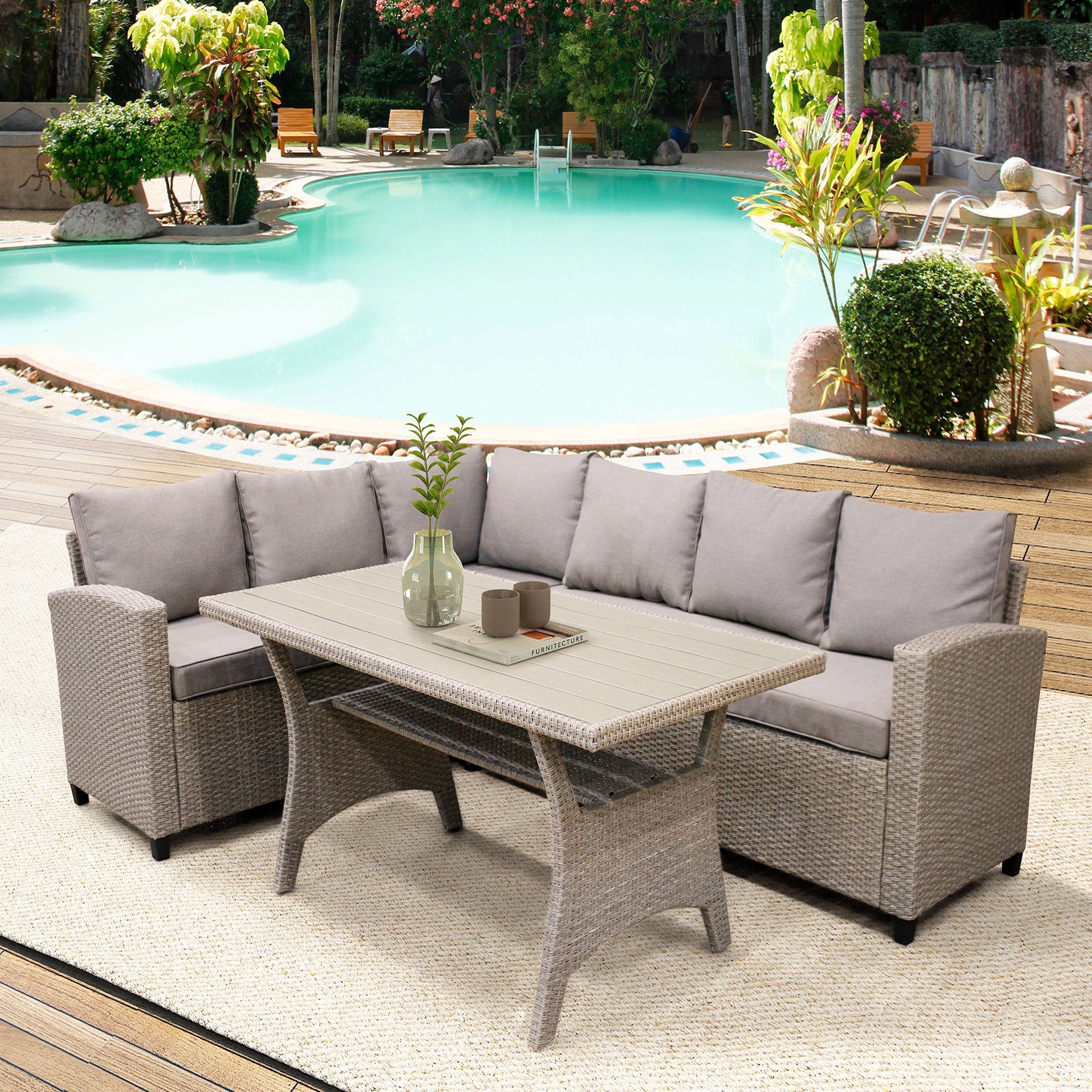 3 Pieces Outdoor Rattan Patio Sectional Sofa Set with Cushions and Table