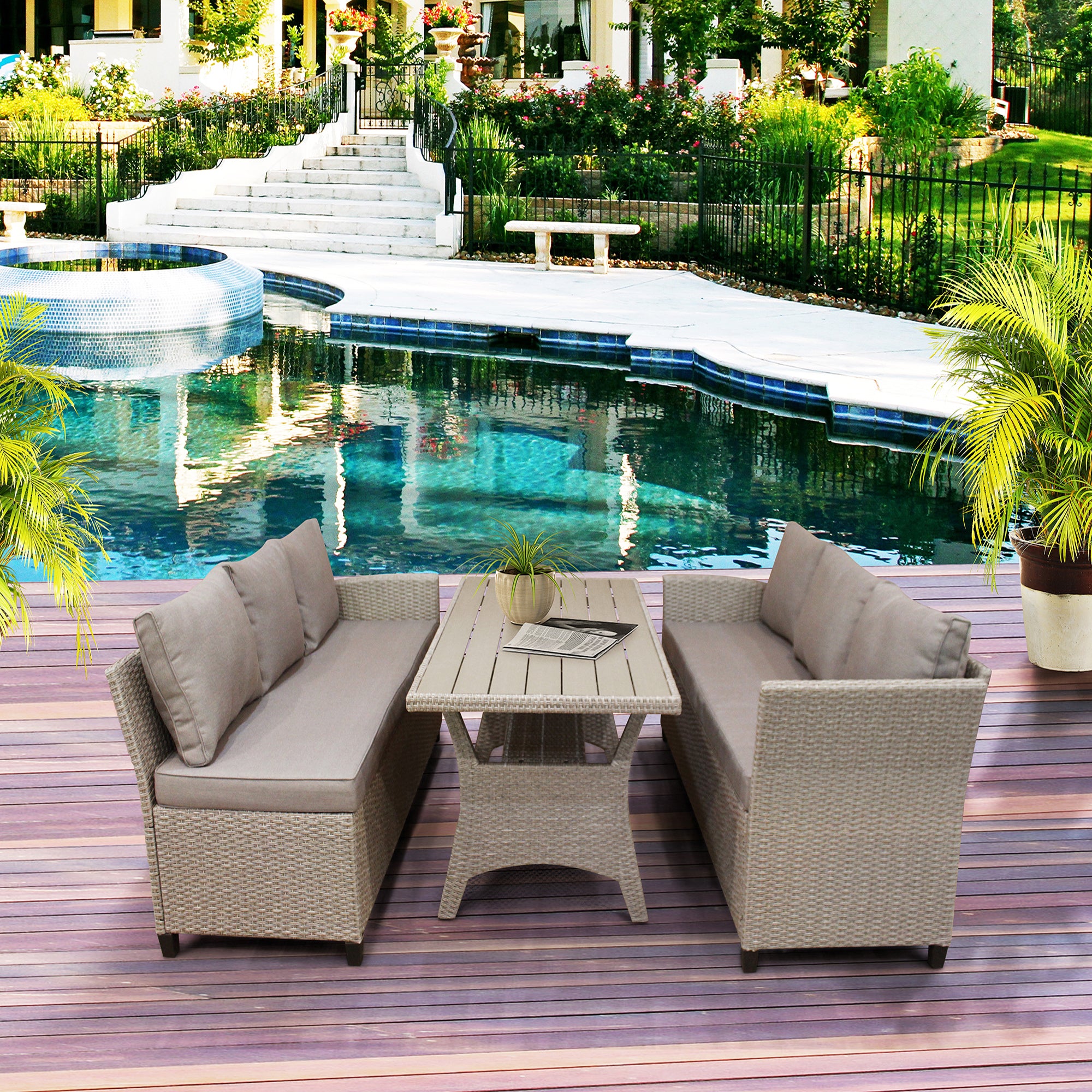 3 Pieces Outdoor Rattan Patio Sectional Sofa Set with Cushions and Table