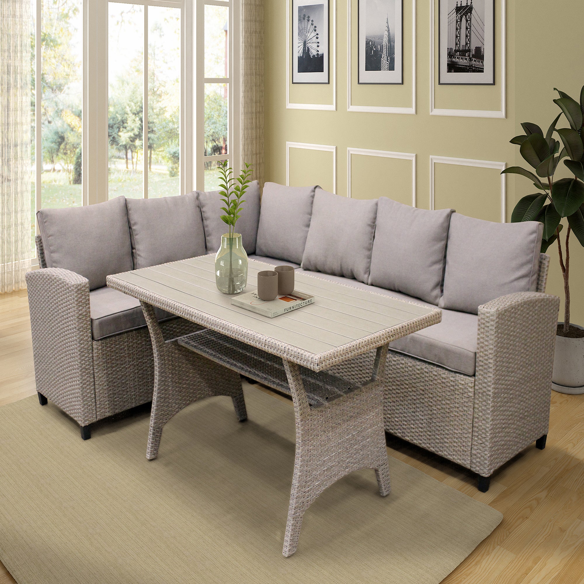 3 Pieces Outdoor Rattan Patio Sectional Sofa Set with Cushions and Table