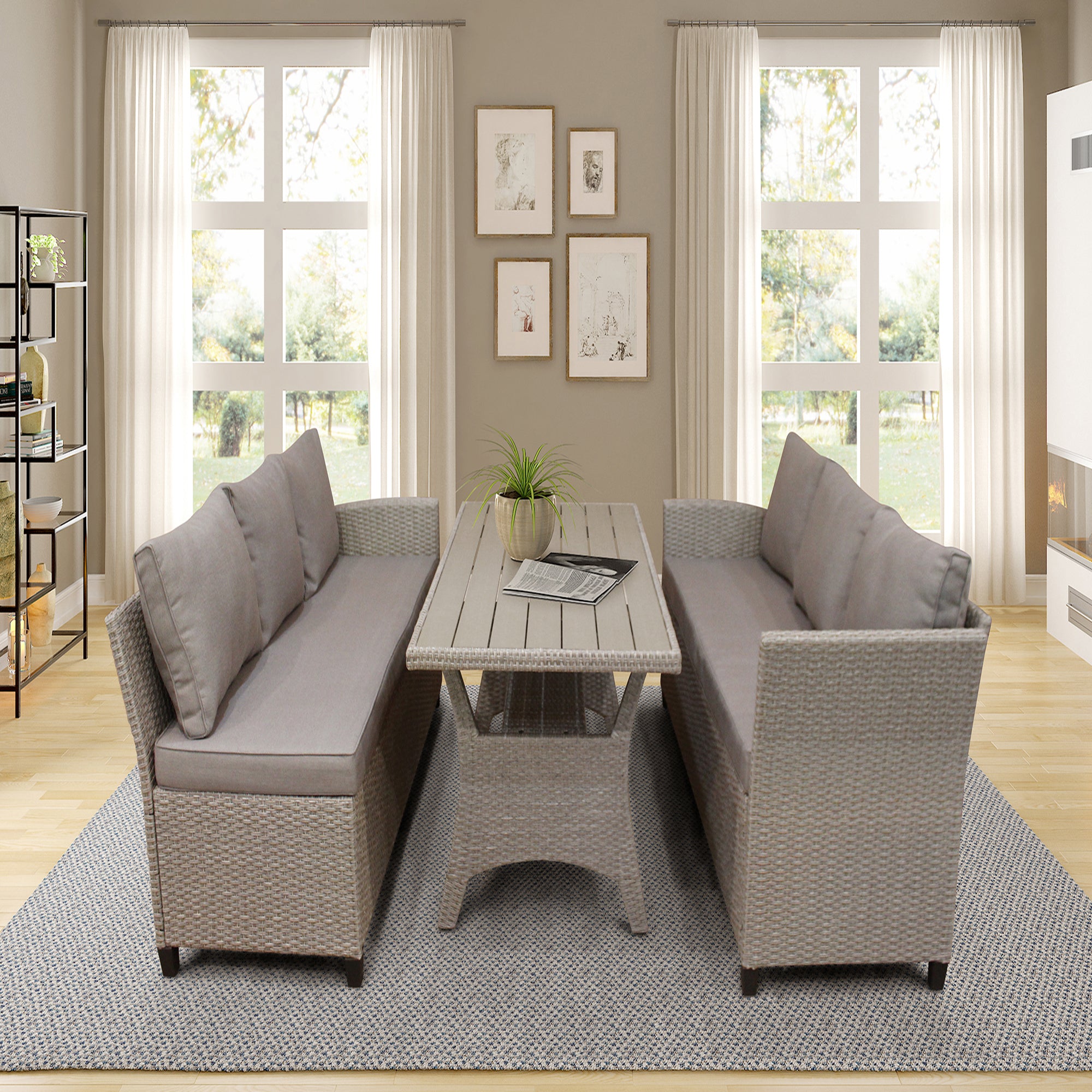 3 Pieces Outdoor Rattan Patio Sectional Sofa Set with Cushions and Table