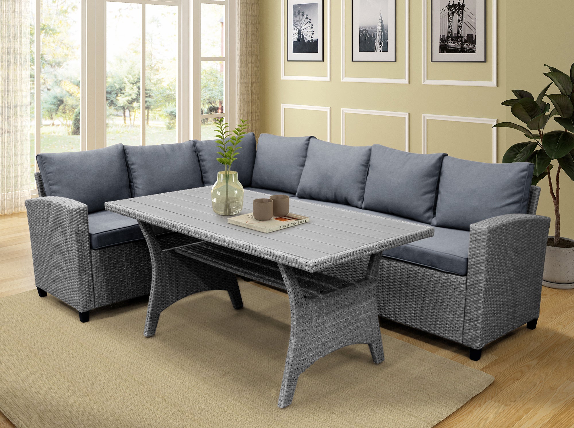 3 Pieces Outdoor Rattan Patio Sectional Sofa Set with Cushions and Table