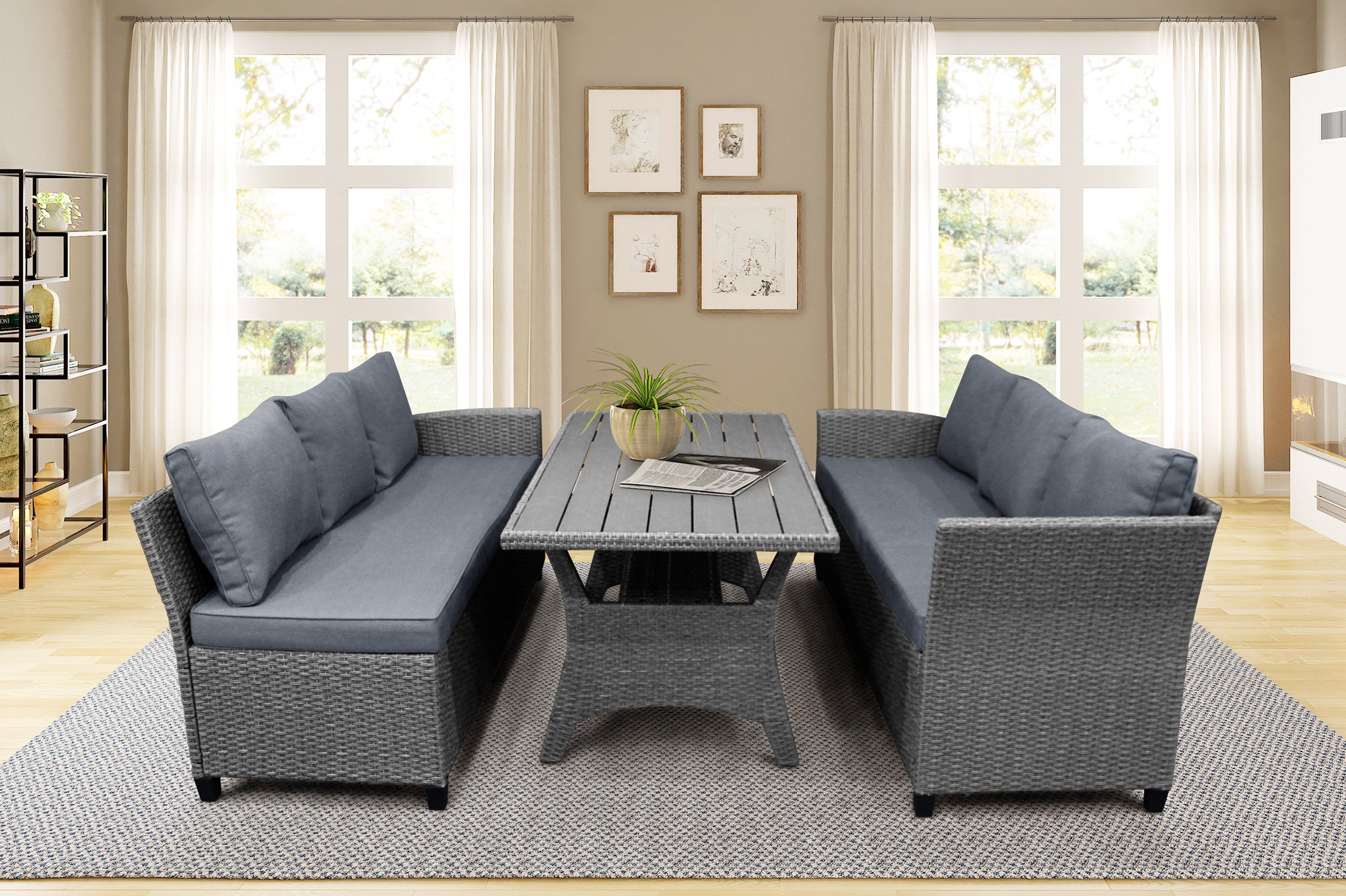 3 Pieces Outdoor Rattan Patio Sectional Sofa Set with Cushions and Table