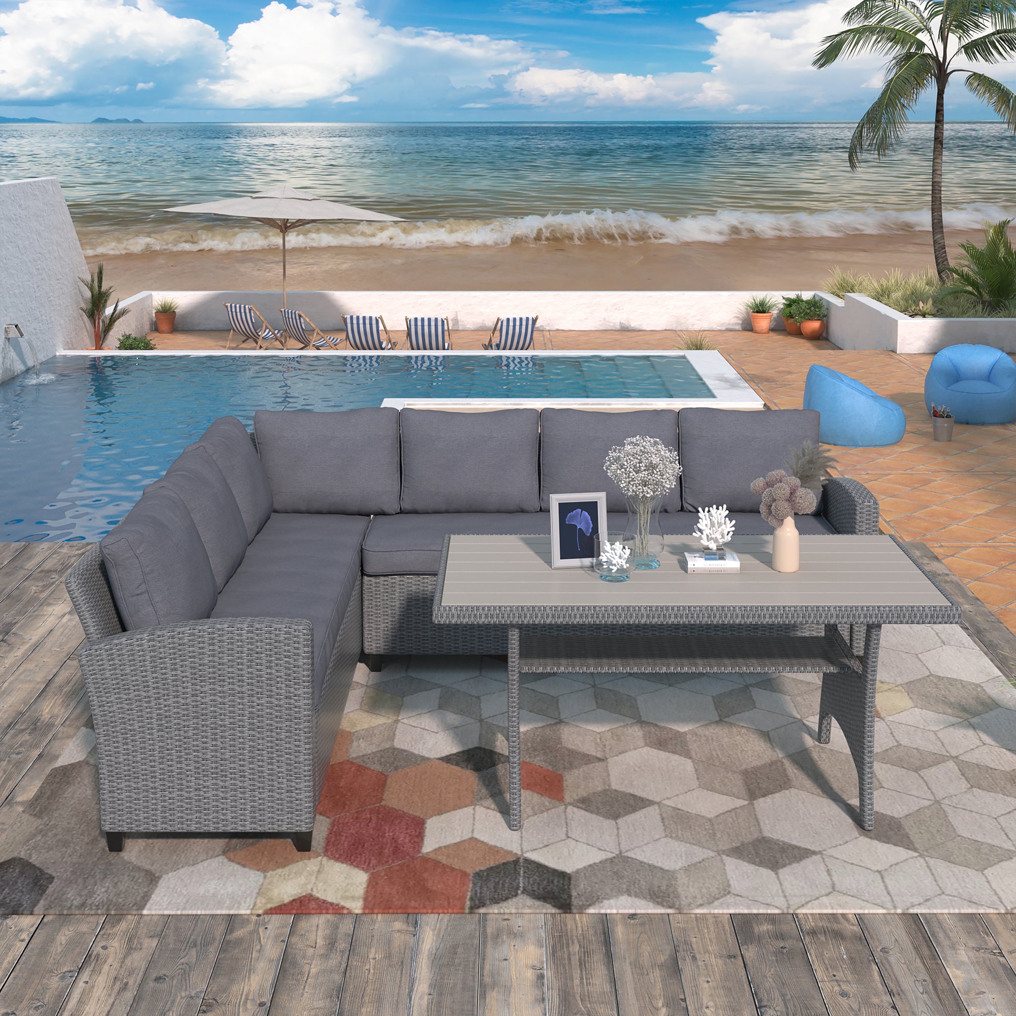 3 Pieces Outdoor Rattan Patio Sectional Sofa Set with Cushions and Table