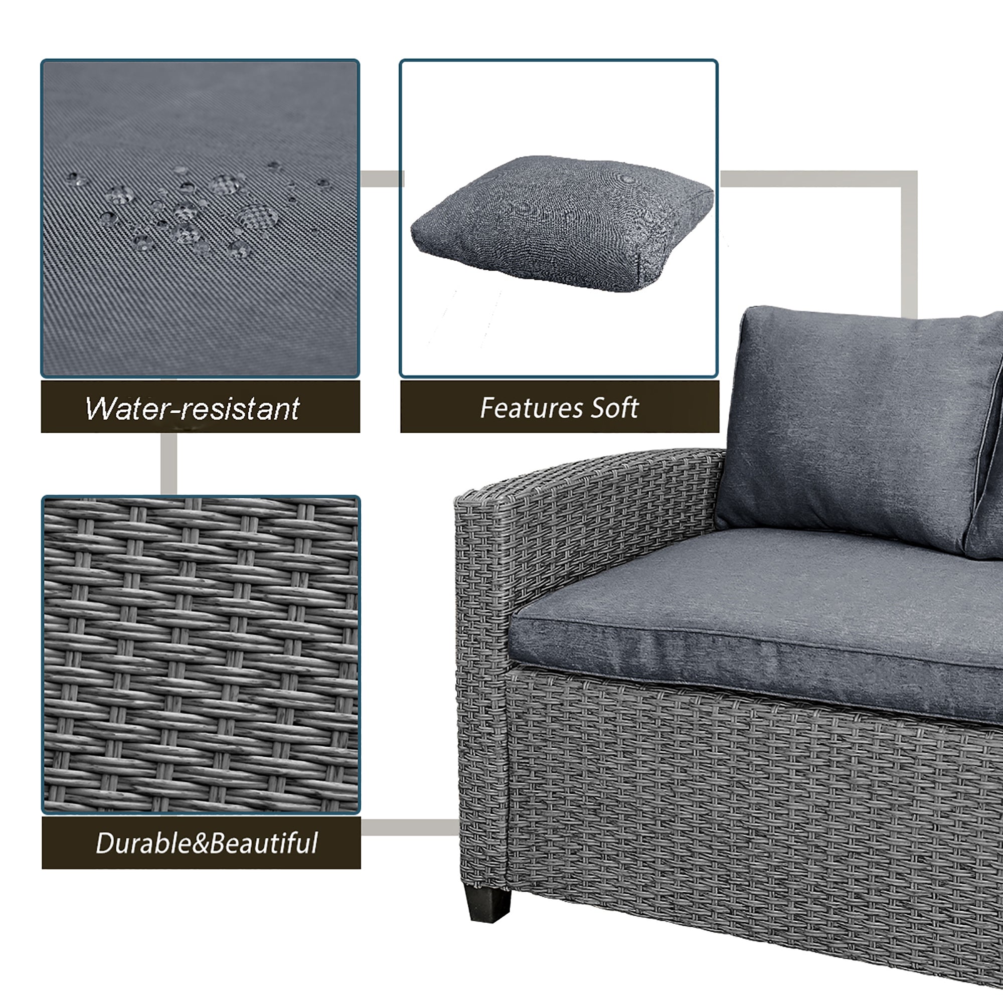3 Pieces Outdoor Rattan Patio Sectional Sofa Set with Cushions and Table