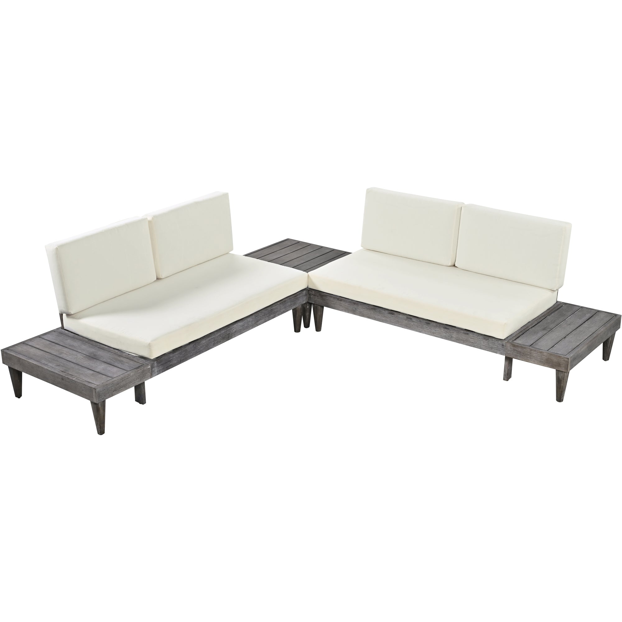 3 Pieces Outdoor Solid Wood Patio Sofa with Side Table and Cushions