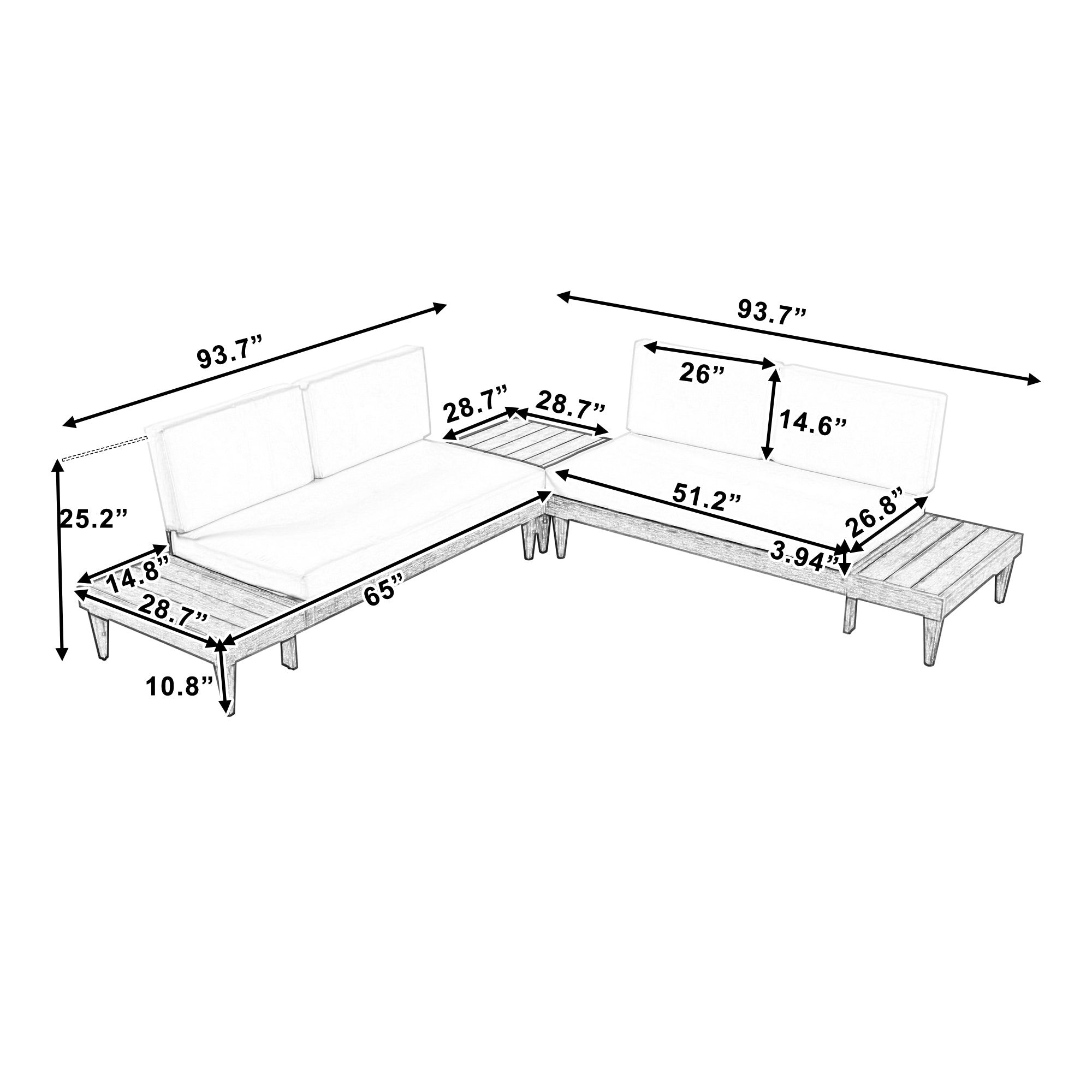 3 Pieces Outdoor Solid Wood Patio Sofa with Side Table and Cushions