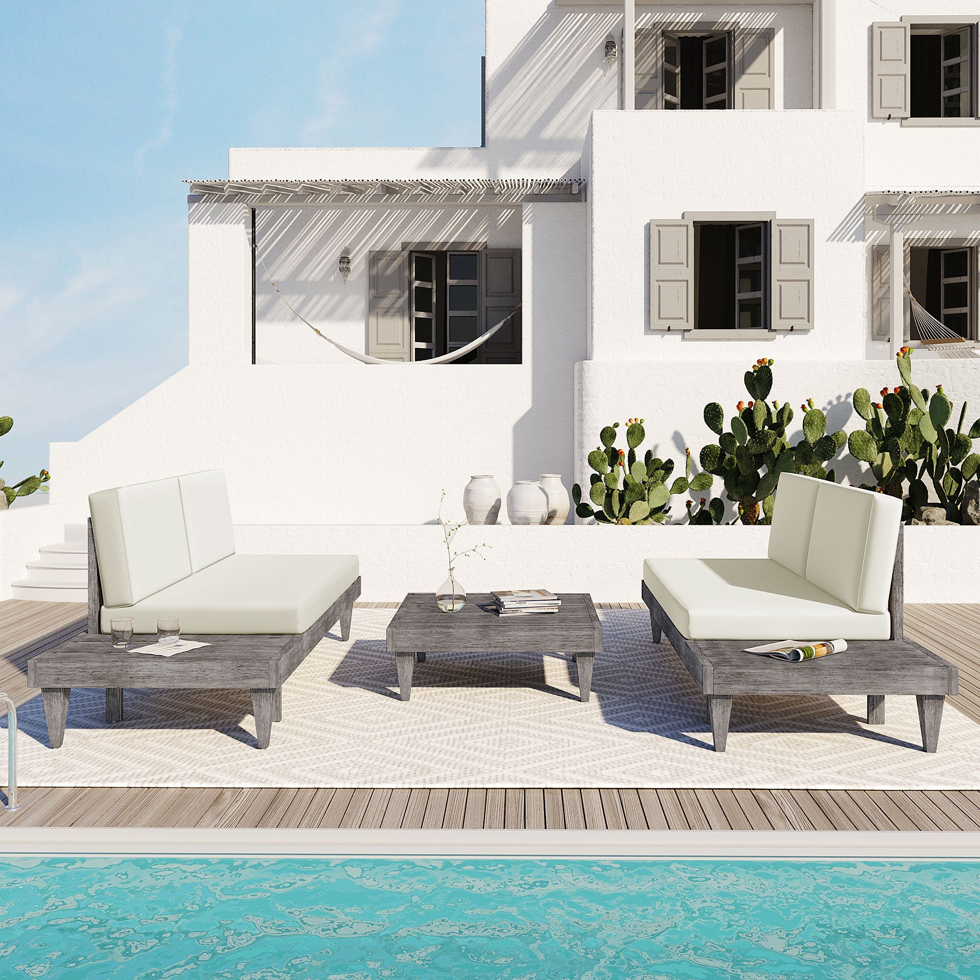 3 Pieces Outdoor Solid Wood Patio Sofa with Side Table and Cushions