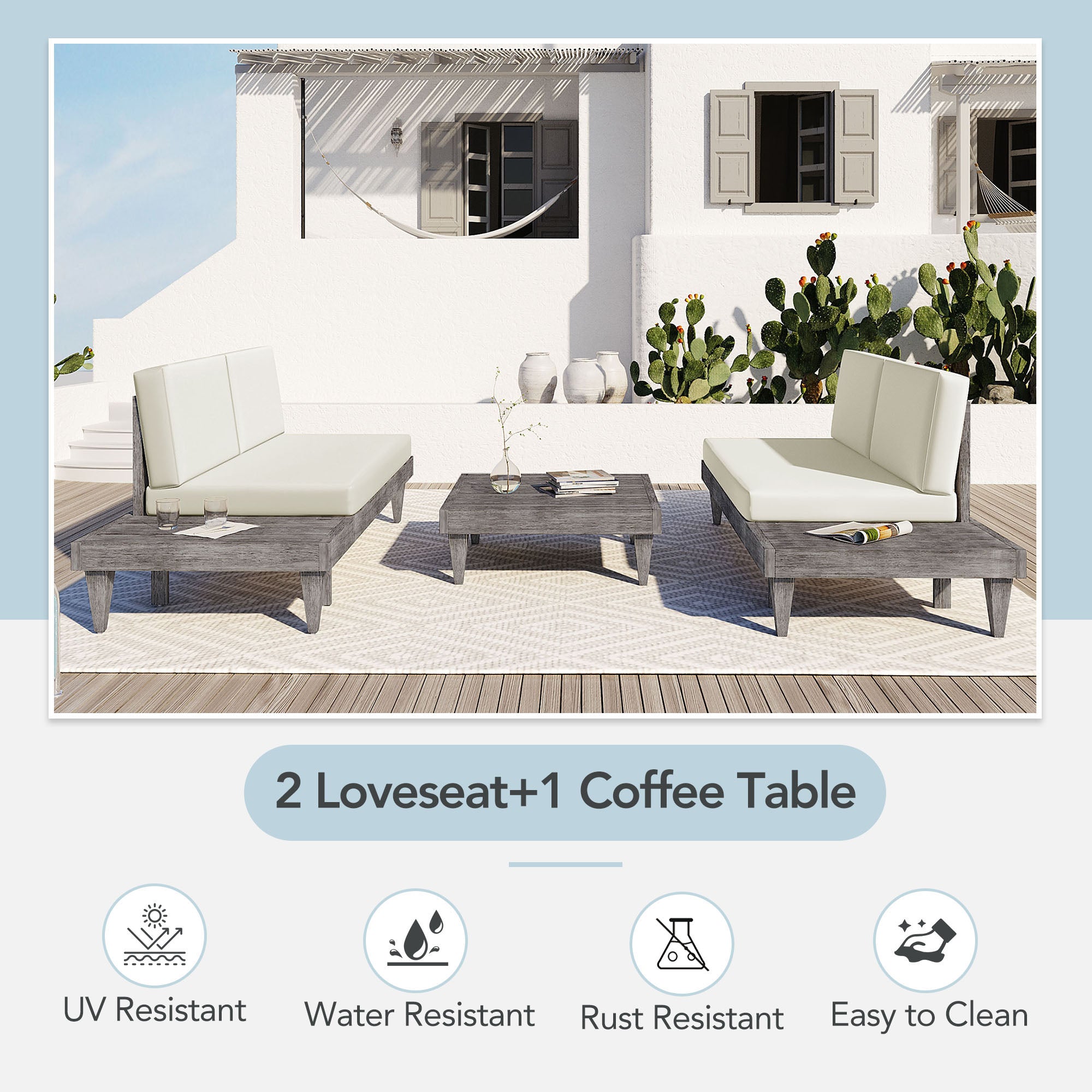 3 Pieces Outdoor Solid Wood Patio Sofa with Side Table and Cushions