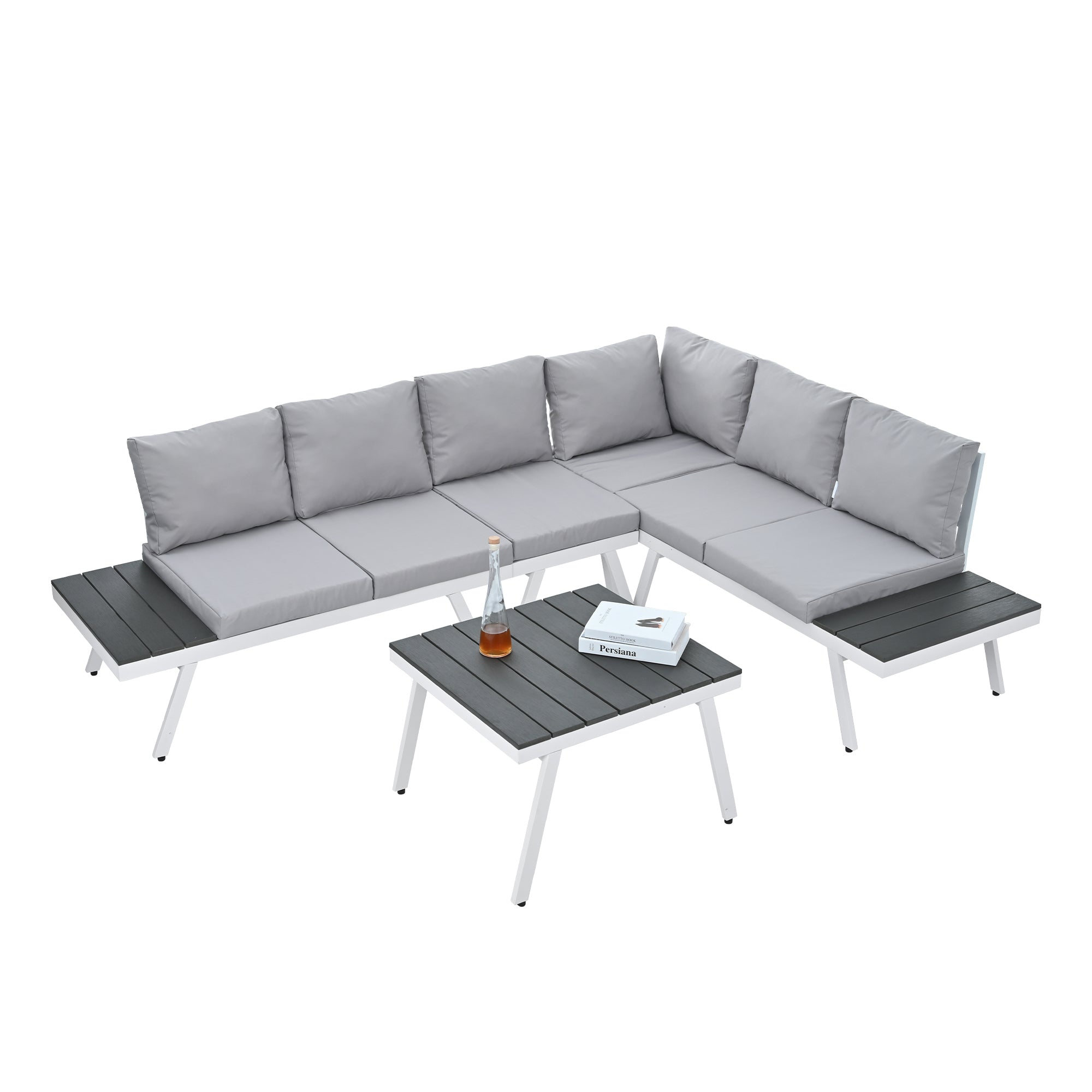 5-piece Outdoor Aluminium Patio Sofa with End Tables and Cushions
