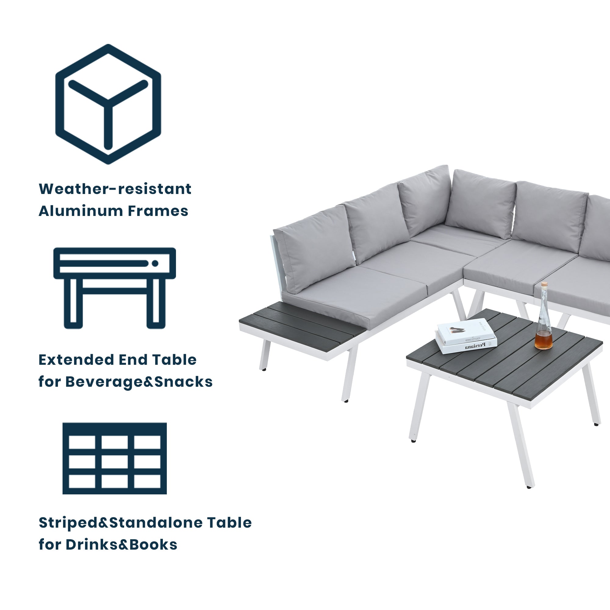 5-piece Outdoor Aluminium Patio Sofa with End Tables and Cushions