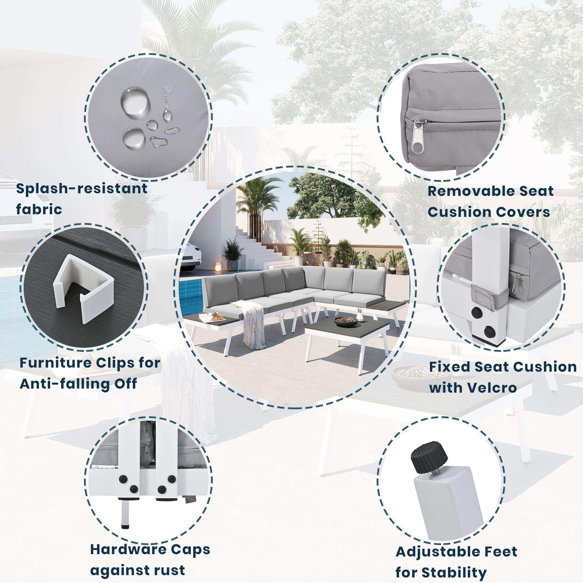 5-piece Outdoor Aluminium Patio Sofa with End Tables and Cushions