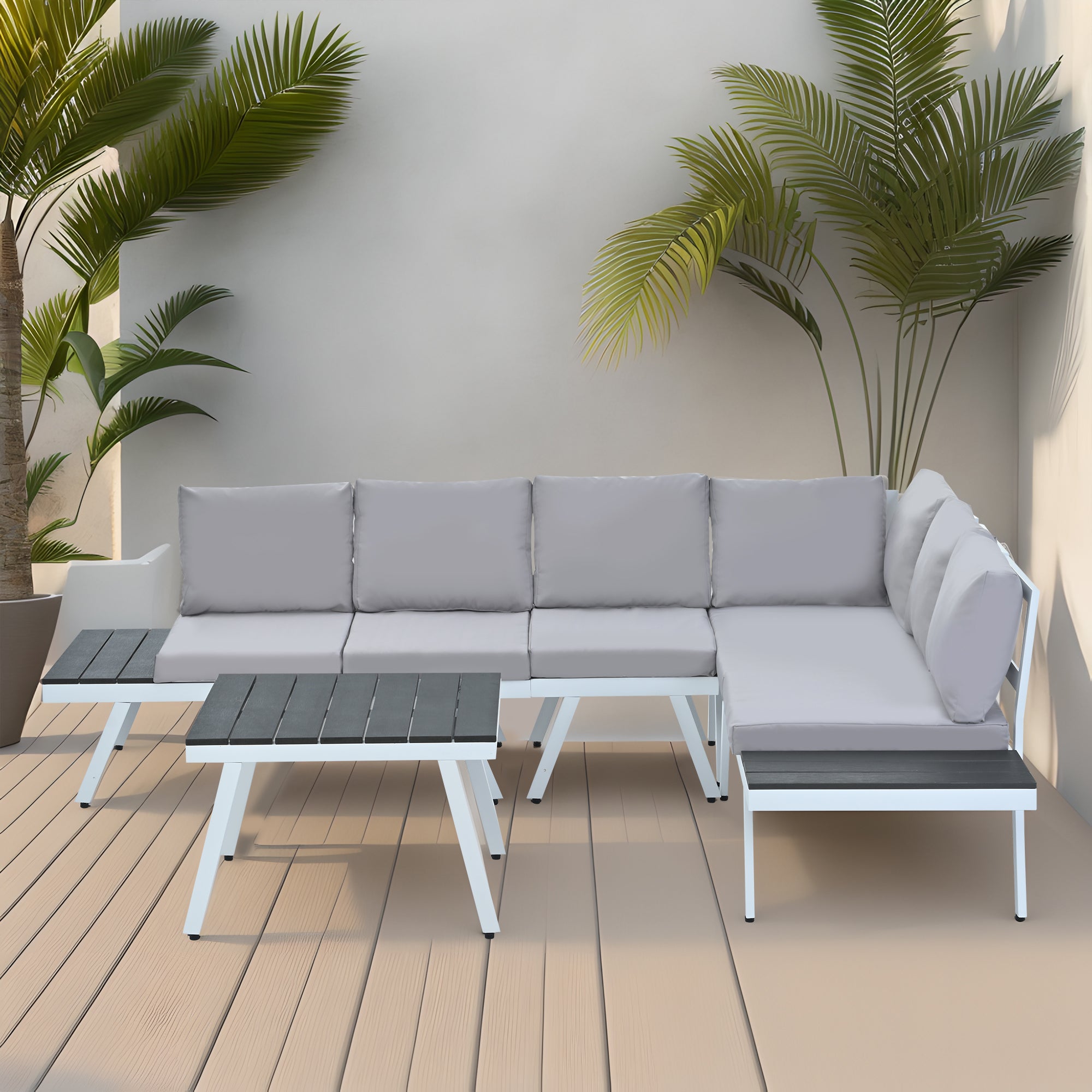 5-piece Outdoor Aluminium Patio Sofa with End Tables and Cushions