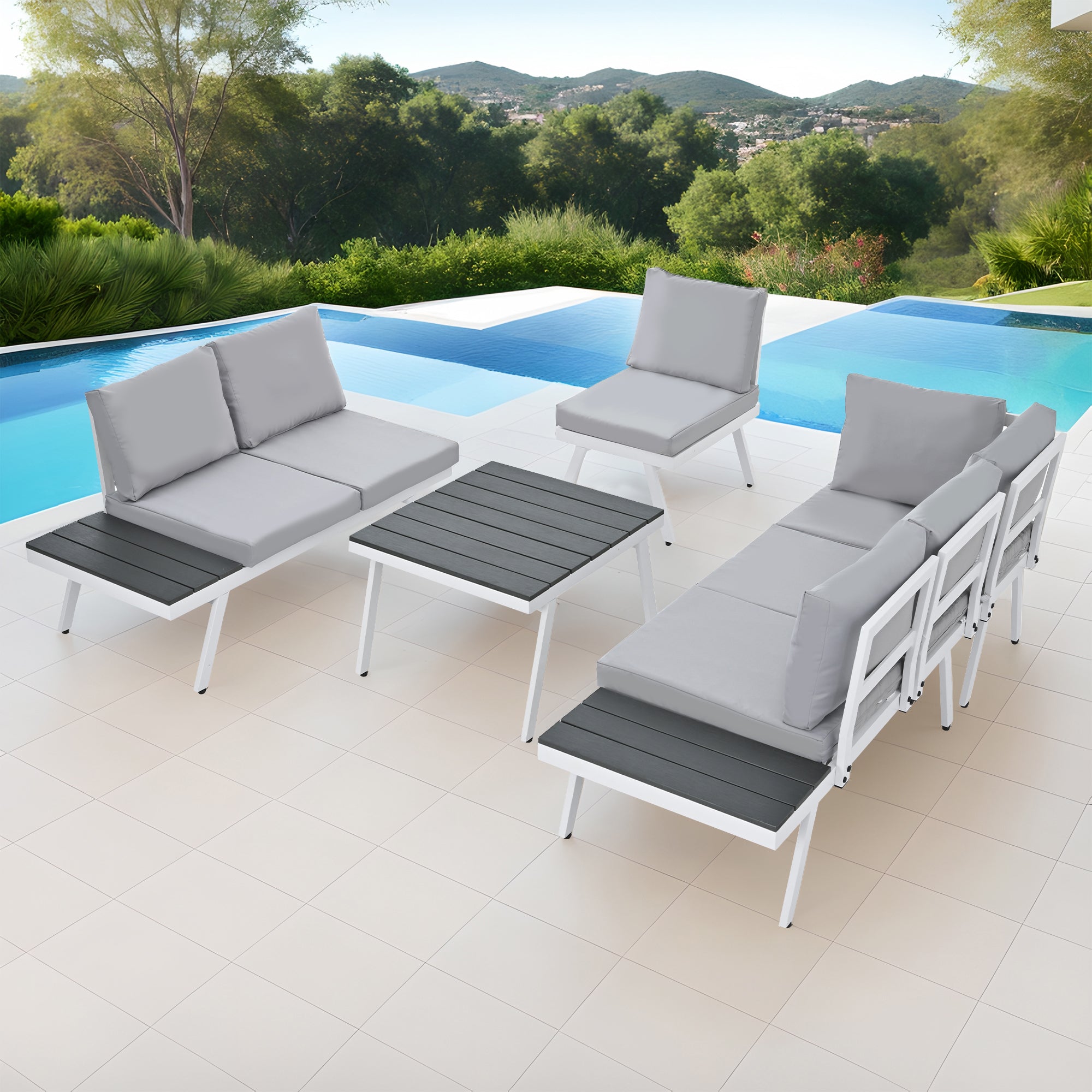 5-piece Outdoor Aluminium Patio Sofa with End Tables and Cushions