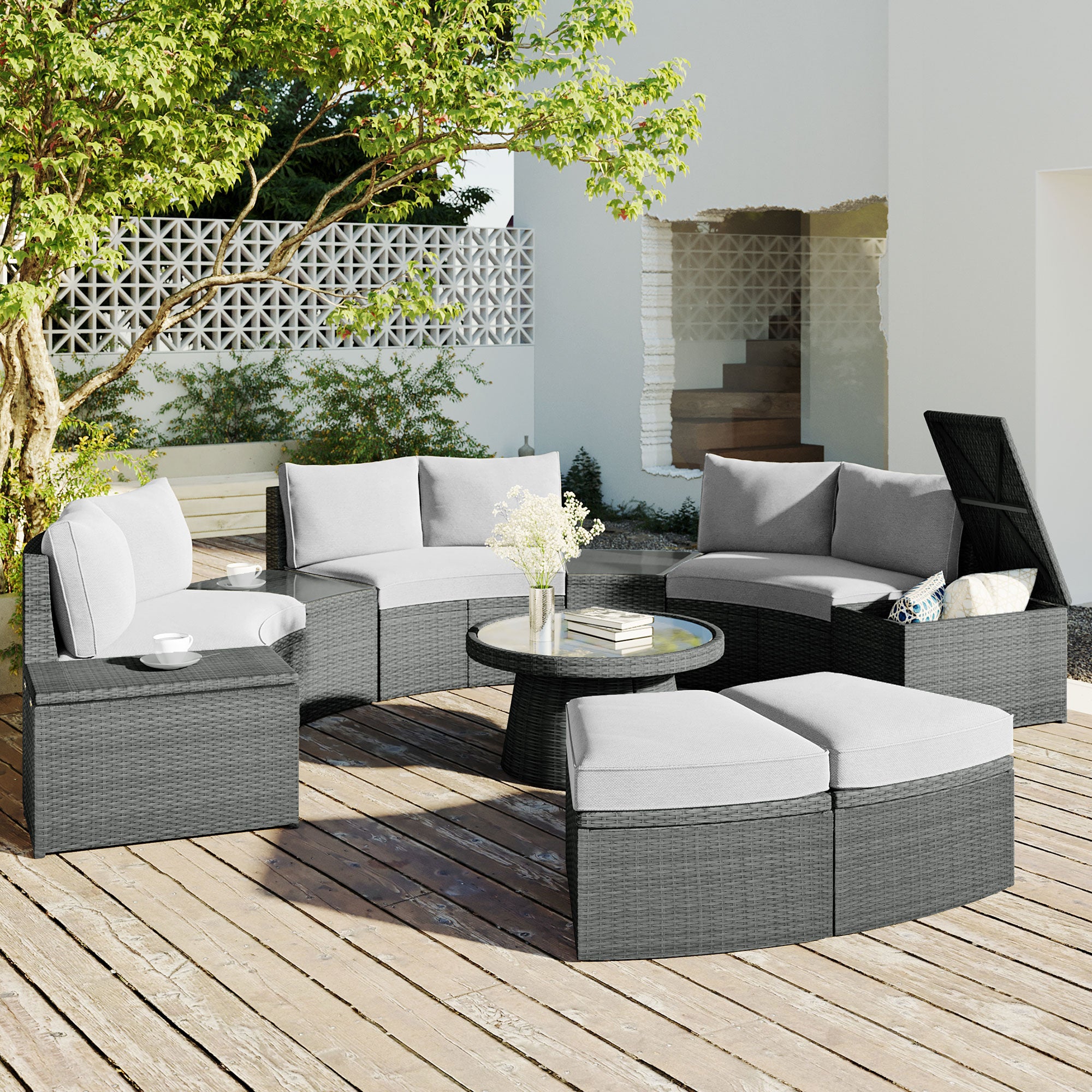 10-piece Outdoor Half Round Rattan Patio Sofa with Thick Cushions and Pillows