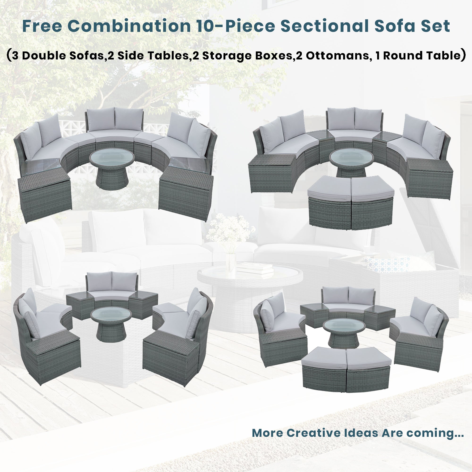 10-piece Outdoor Half Round Rattan Patio Sofa with Thick Cushions and Pillows