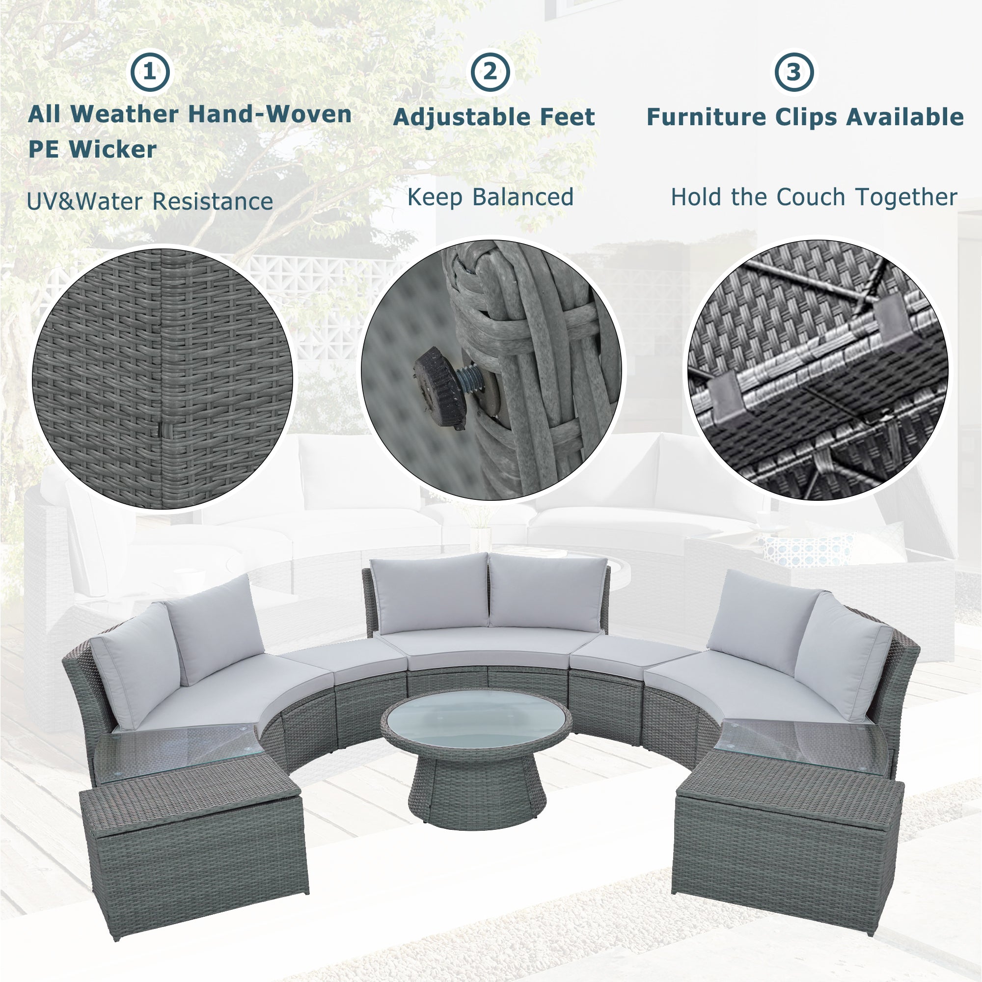 10-piece Outdoor Half Round Rattan Patio Sofa with Thick Cushions and Pillows