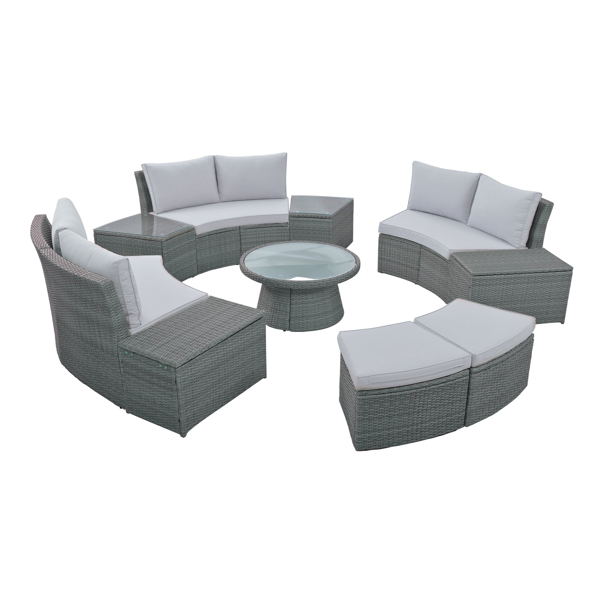 10-piece Outdoor Half Round Rattan Patio Sofa with Thick Cushions and Pillows