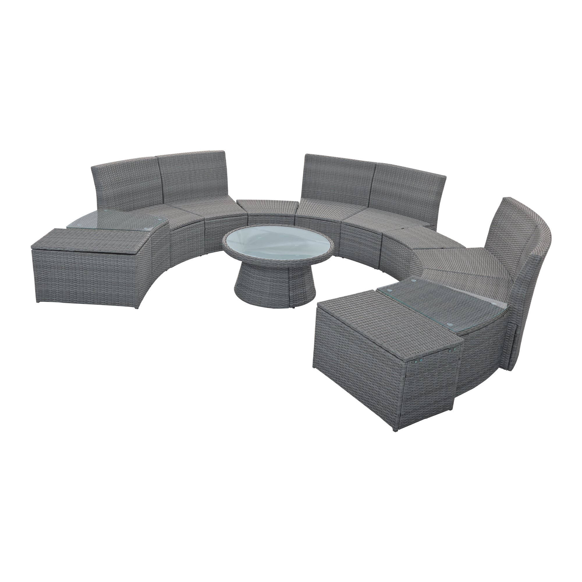 10-piece Outdoor Half Round Rattan Patio Sofa with Thick Cushions and Pillows