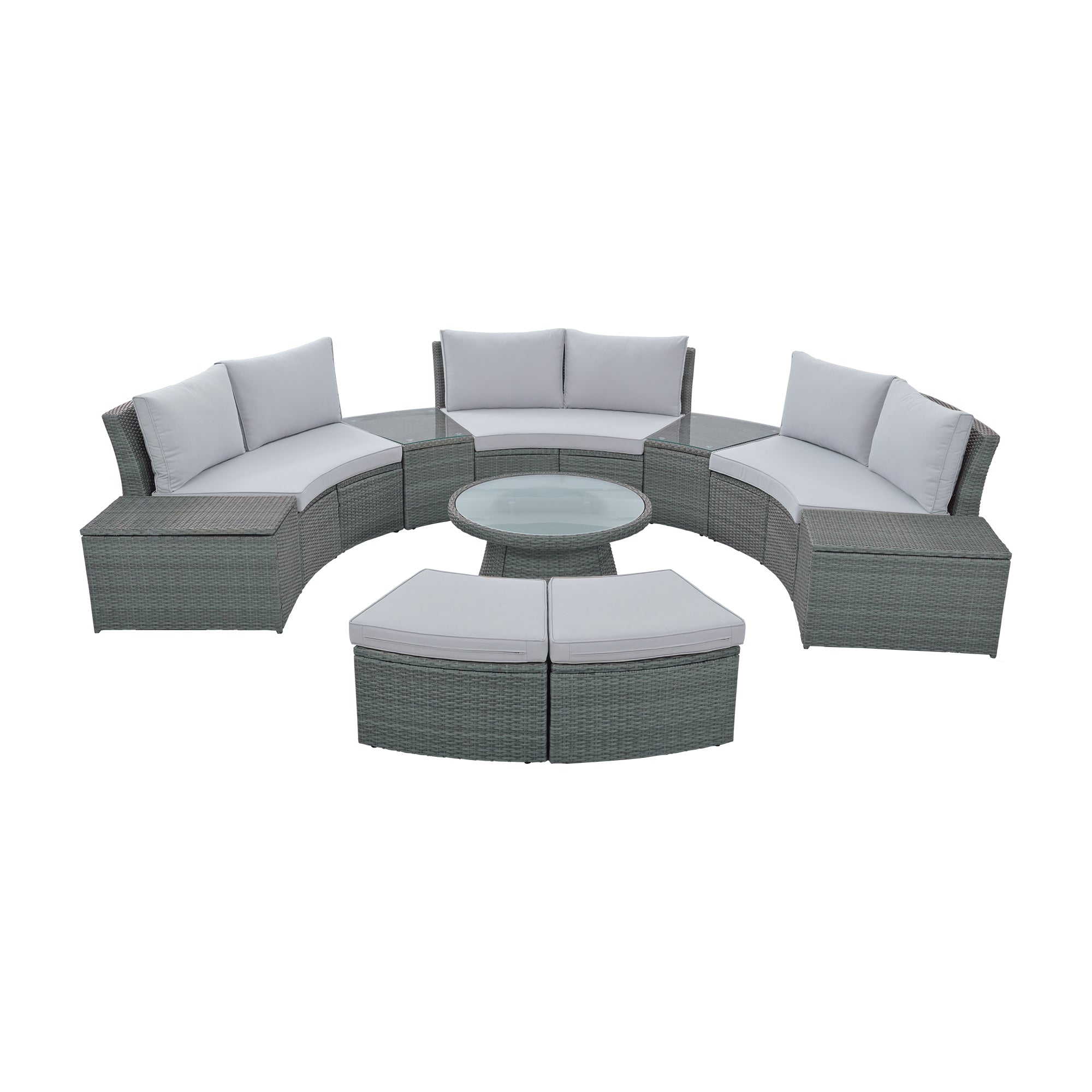 10-piece Outdoor Half Round Rattan Patio Sofa with Thick Cushions and Pillows