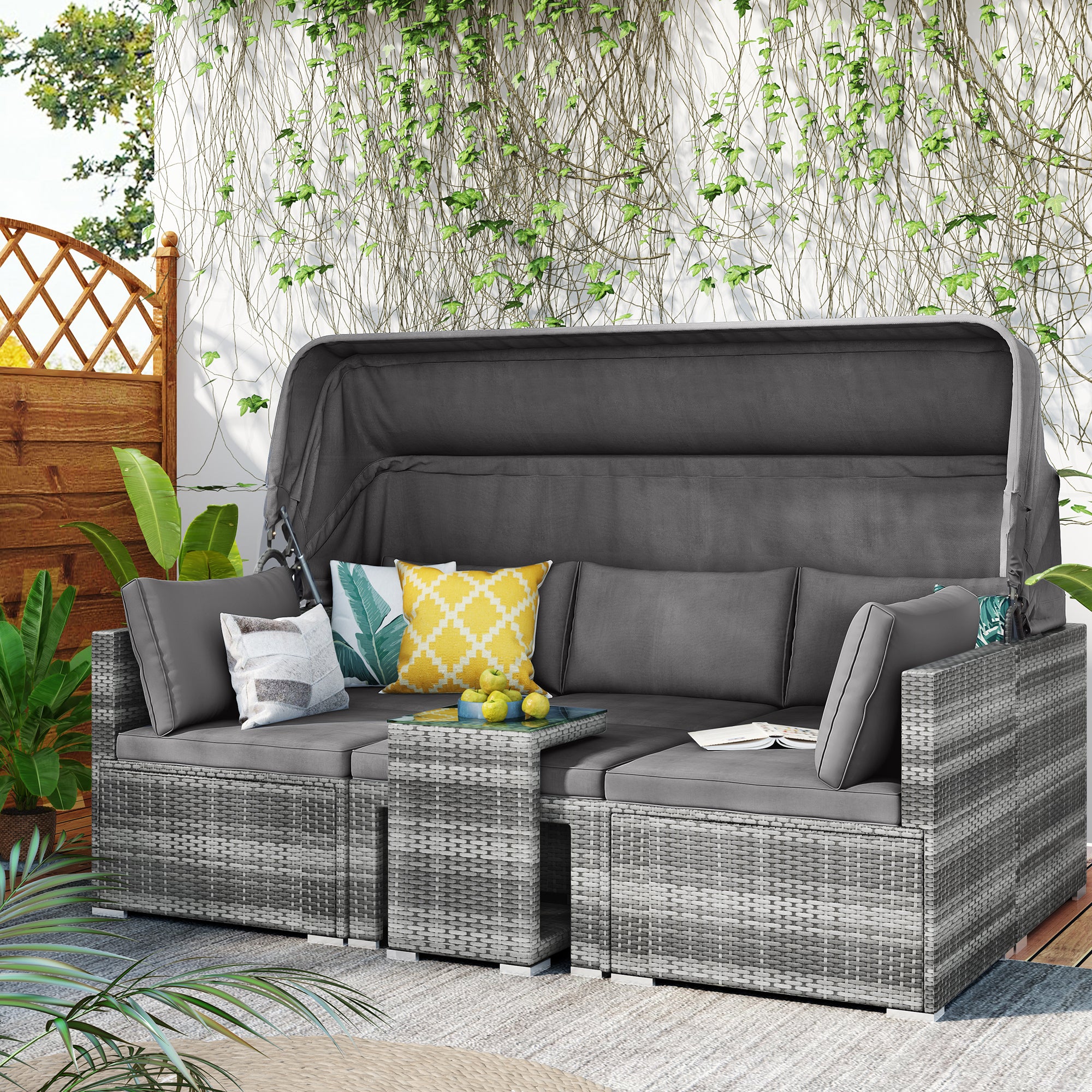 5-piece Outdoor Rattan Patio Sofa with Canopy and Tempered Glass Side Table