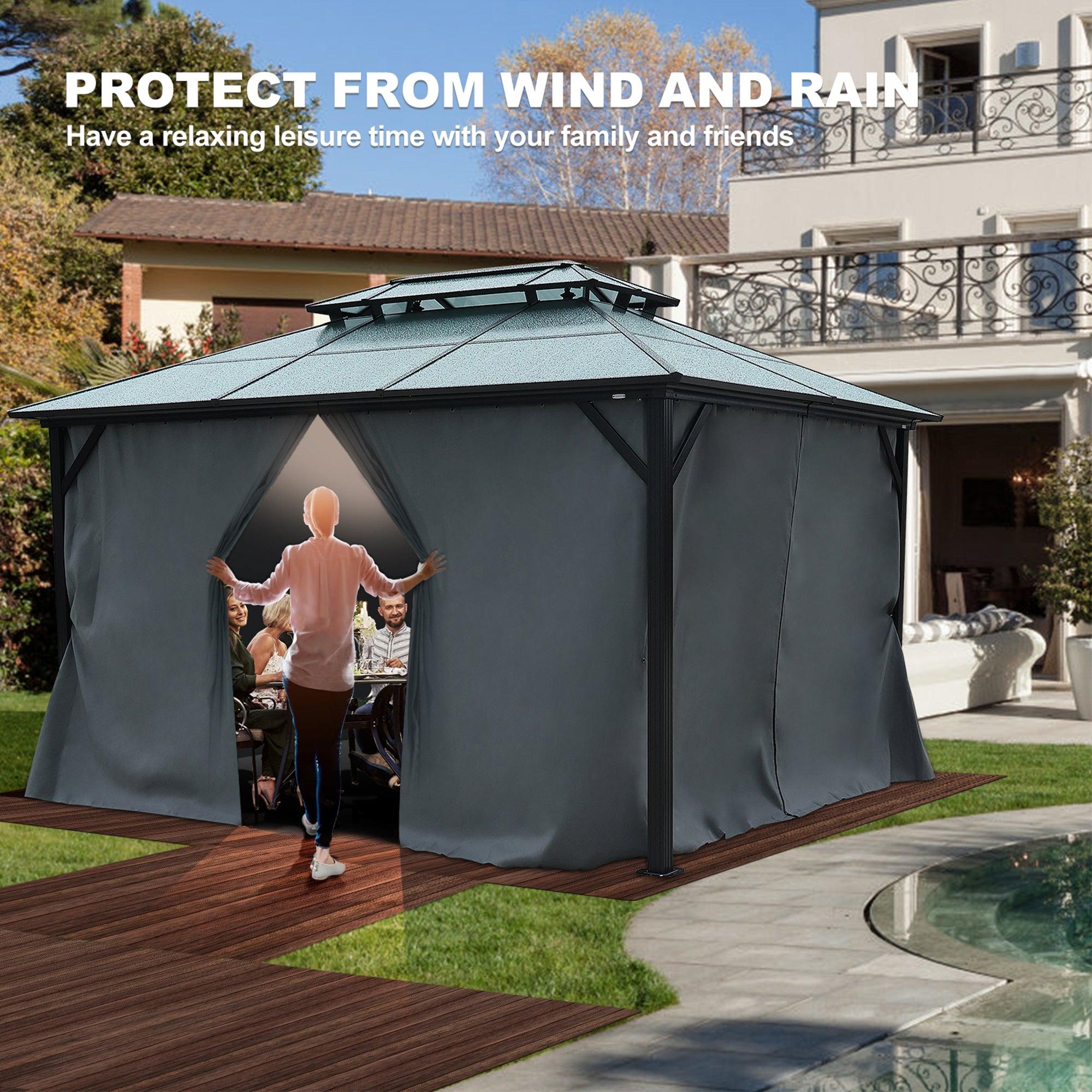 10 ft. x 13 ft. Aluminum Alloy Outdoor Patio Gazebo with Netting and Curtains