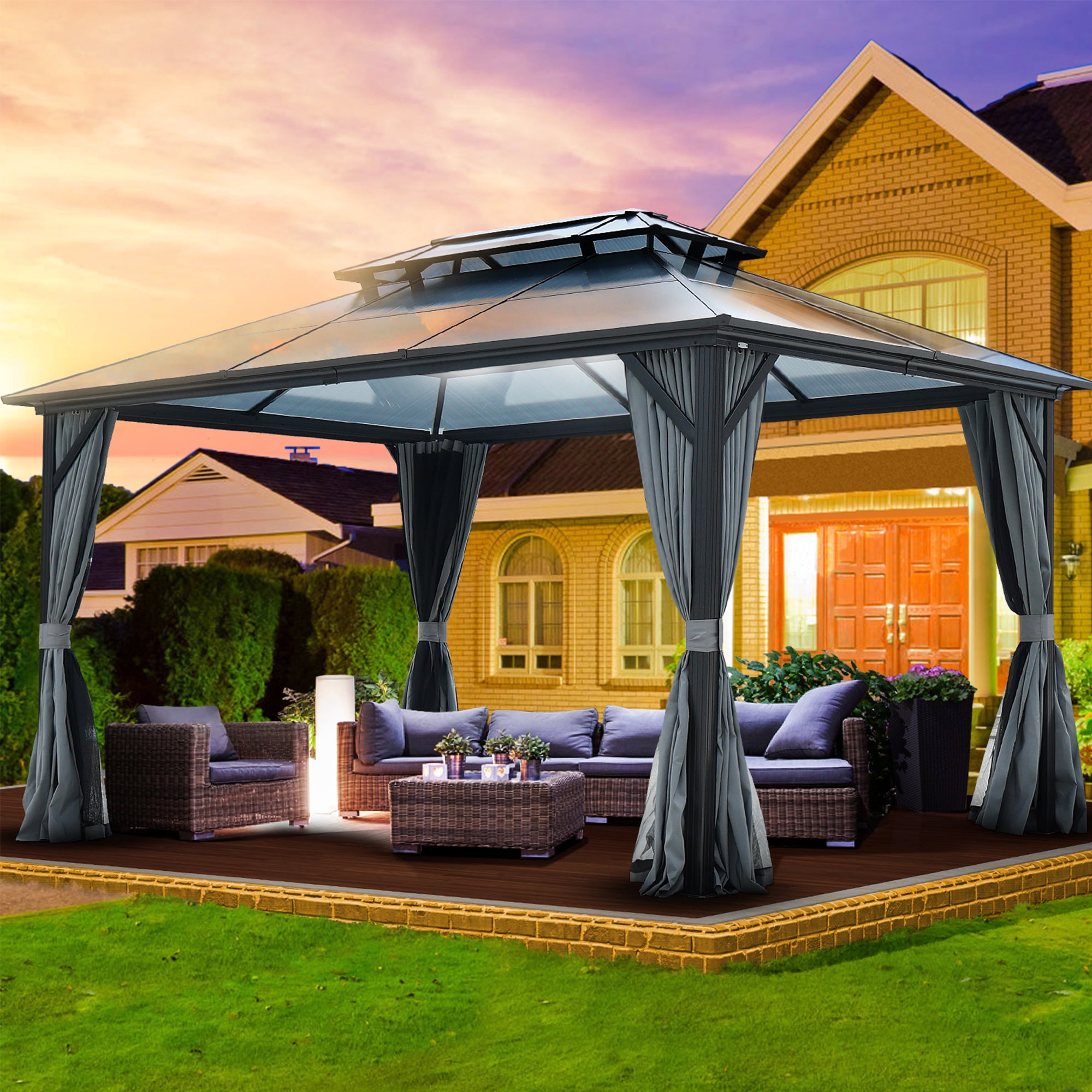 10 ft. x 13 ft. Aluminum Alloy Outdoor Patio Gazebo with Netting and Curtains