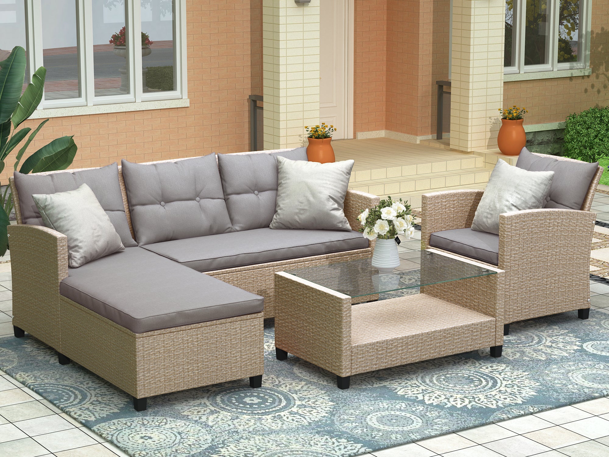 4-Piece Outdoor Rattan Reversible Patio Sectional Sofa with Seat Cushions