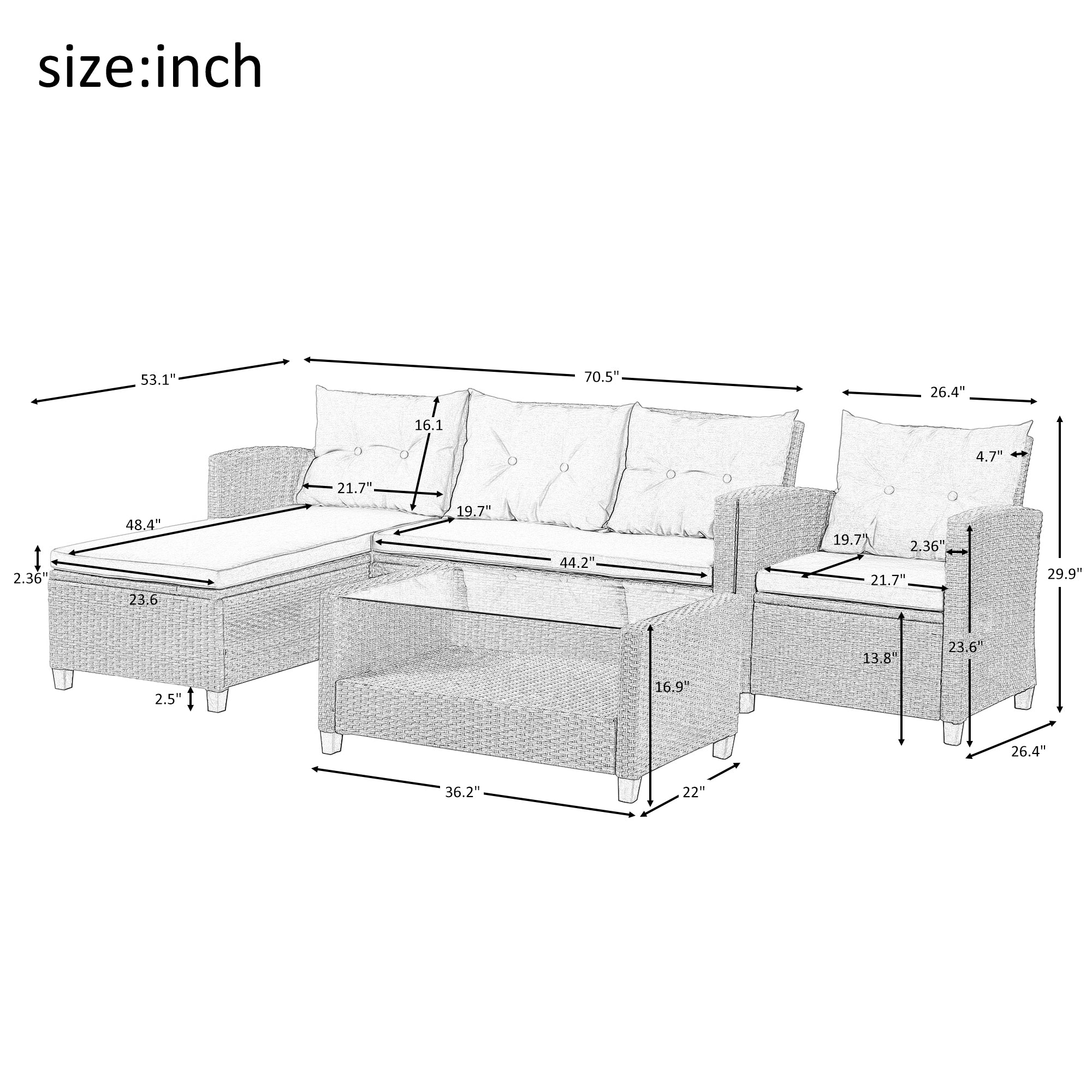 4-Piece Outdoor Rattan Reversible Patio Sectional Sofa with Seat Cushions
