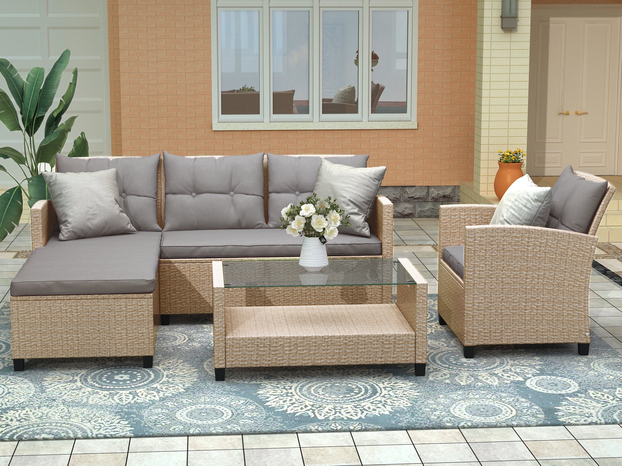 4-Piece Outdoor Rattan Reversible Patio Sectional Sofa with Seat Cushions
