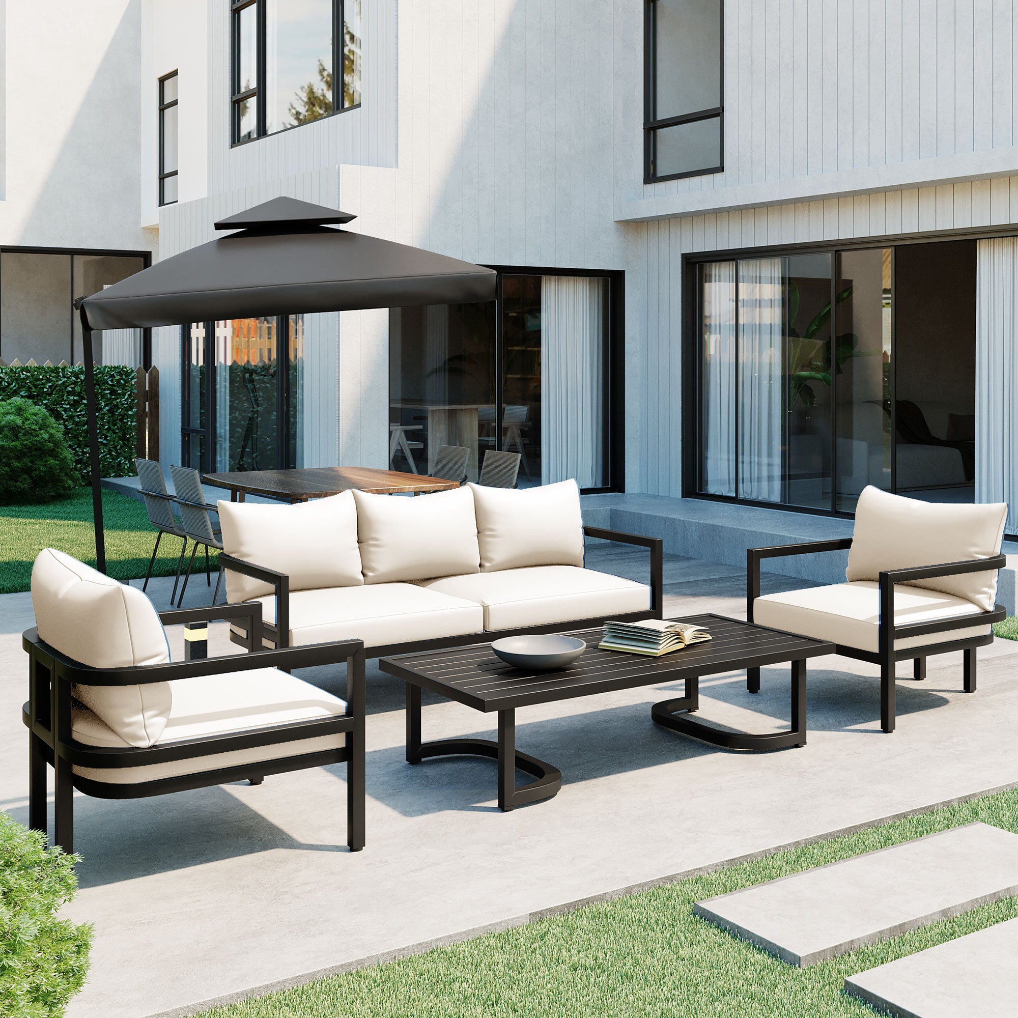 4-Piece Outdoor  Steel Patio Sectional with Table and Cushions