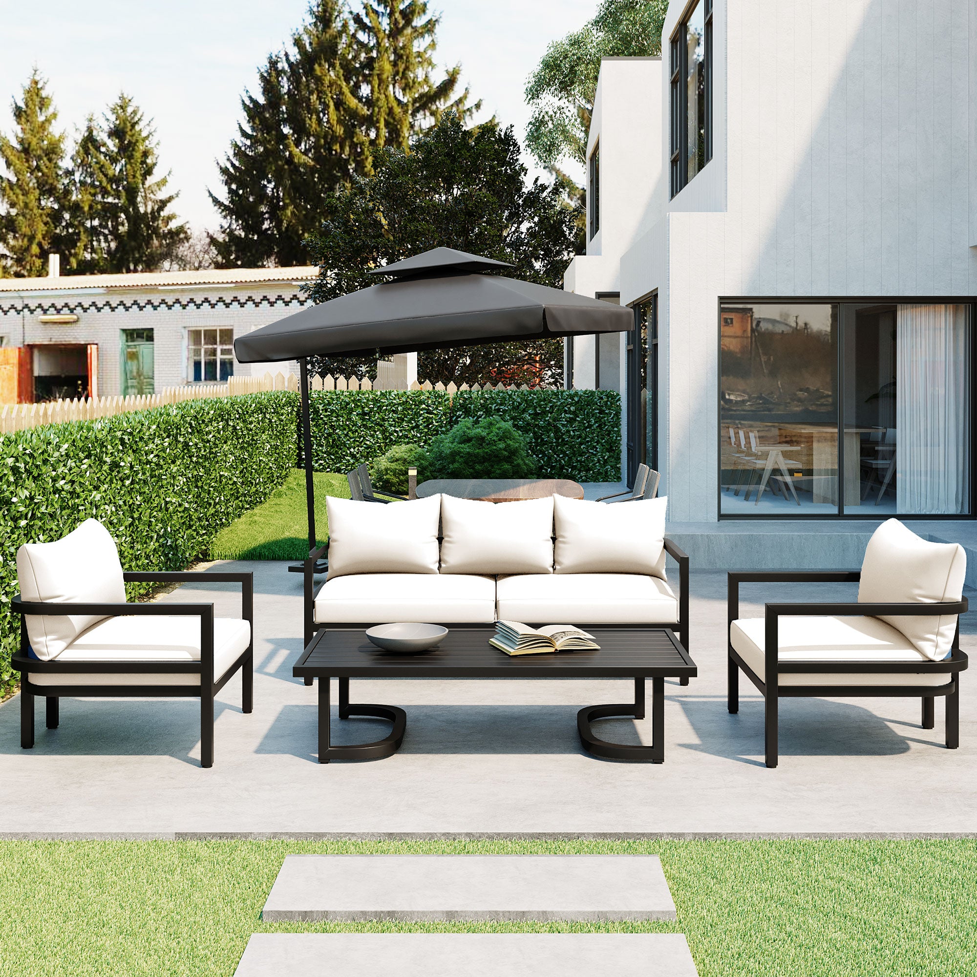 4-Piece Outdoor  Steel Patio Sectional with Table and Cushions