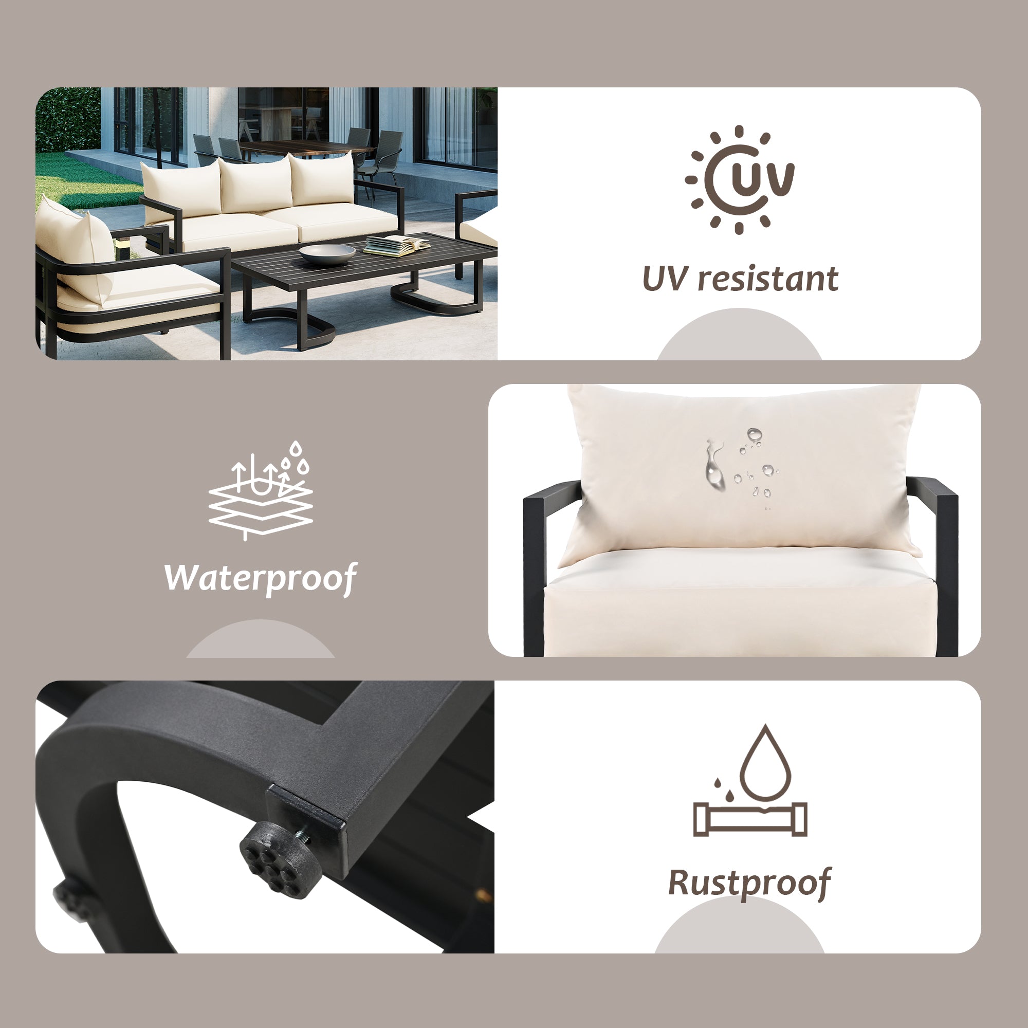 4-Piece Outdoor  Steel Patio Sectional with Table and Cushions