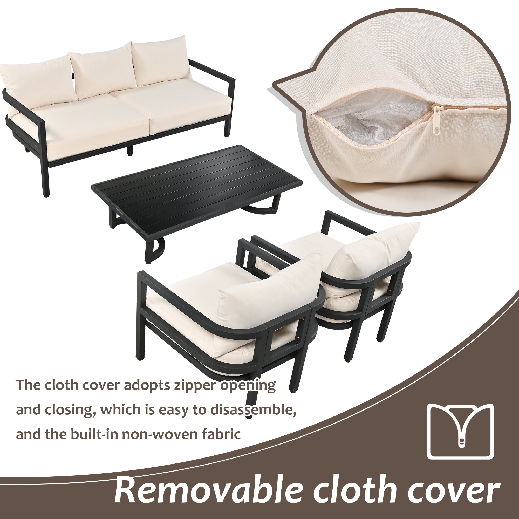 4-Piece Outdoor  Steel Patio Sectional with Table and Cushions