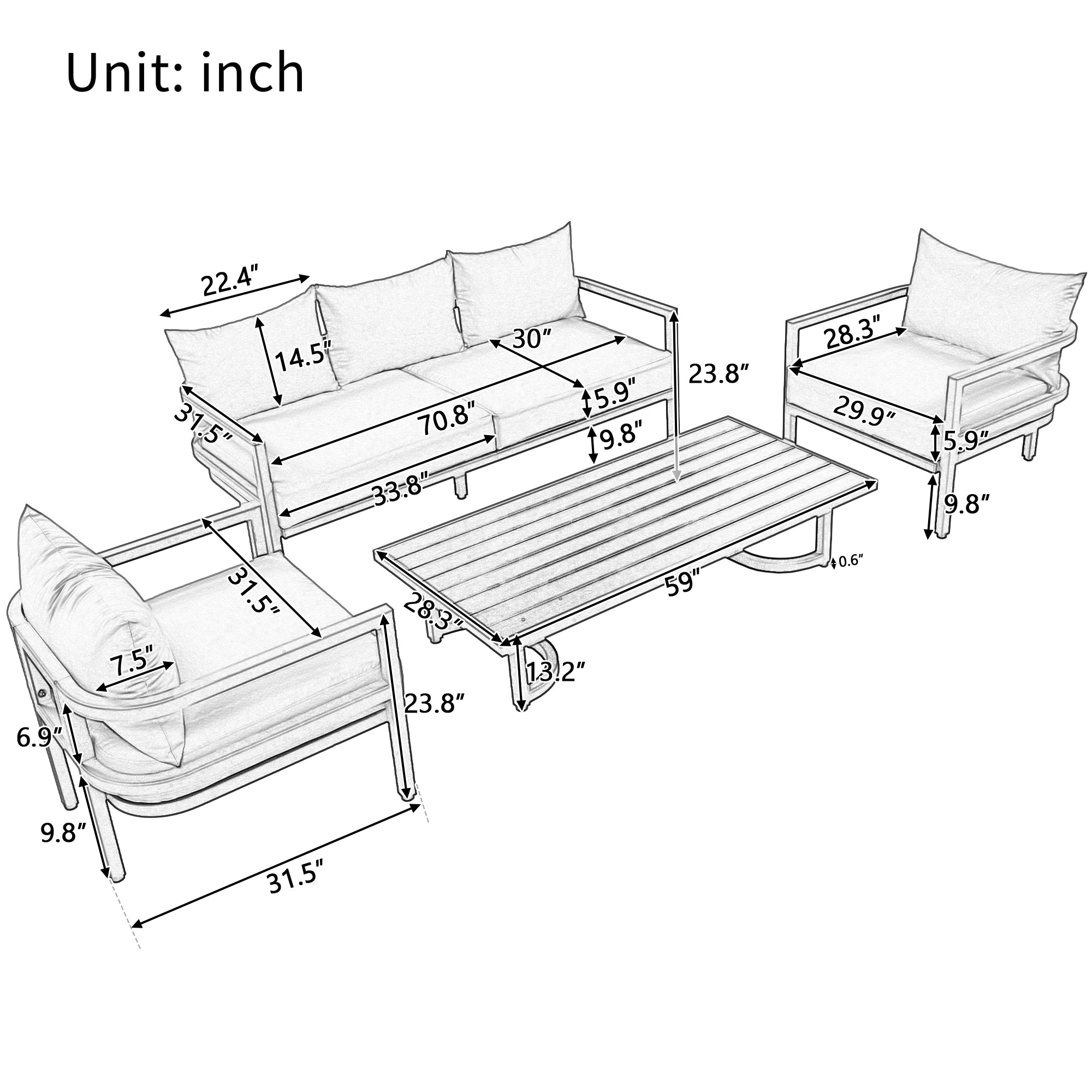 4-Piece Outdoor  Steel Patio Sectional with Table and Cushions