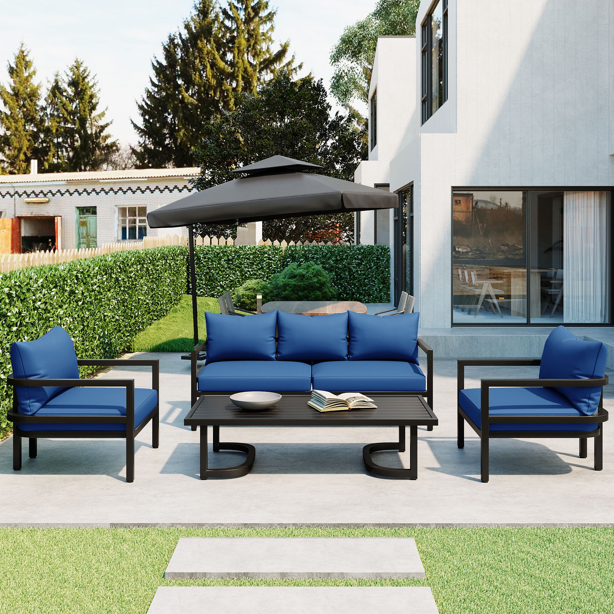 4-Piece Outdoor  Steel Patio Sectional with Table and Cushions