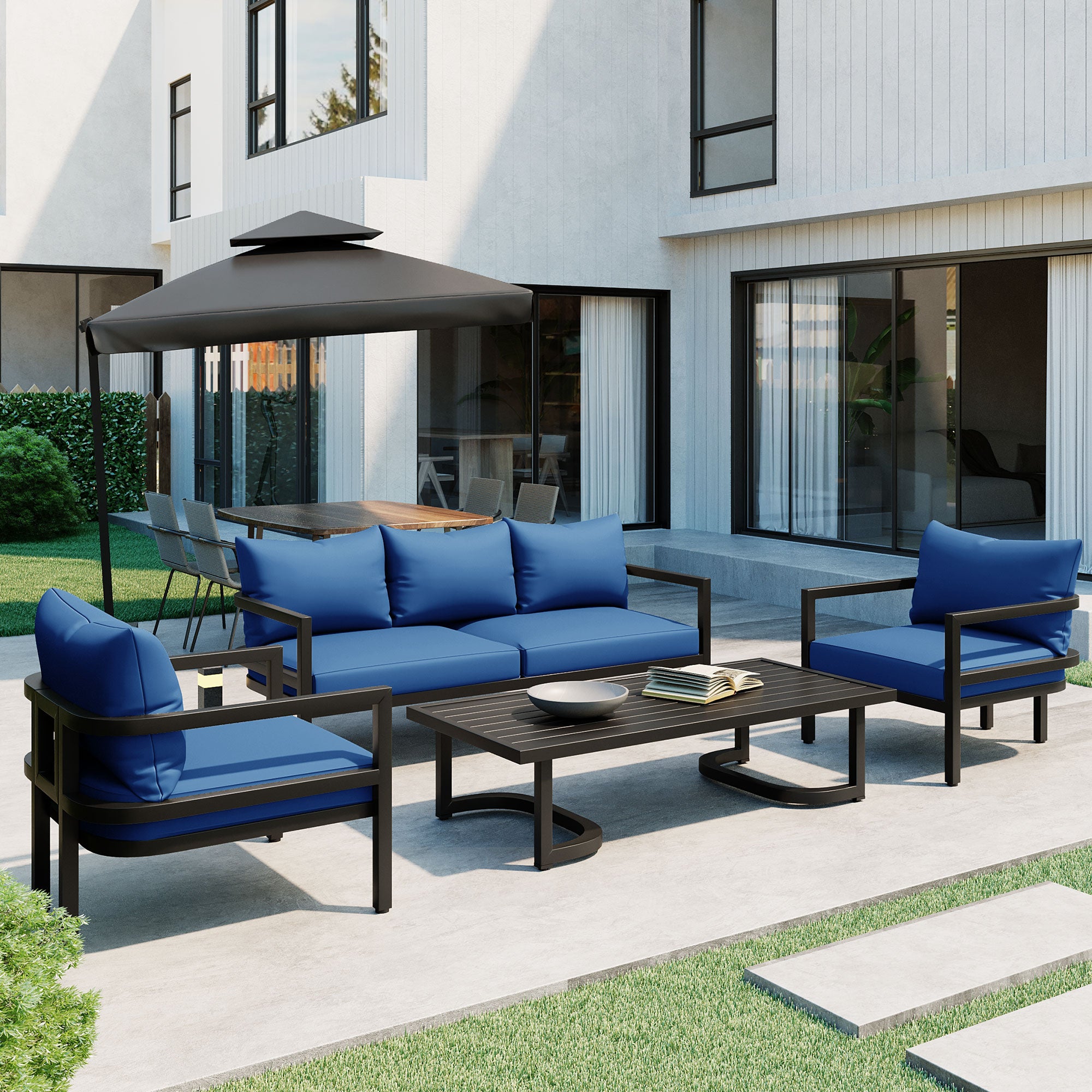 4-Piece Outdoor  Steel Patio Sectional with Table and Cushions