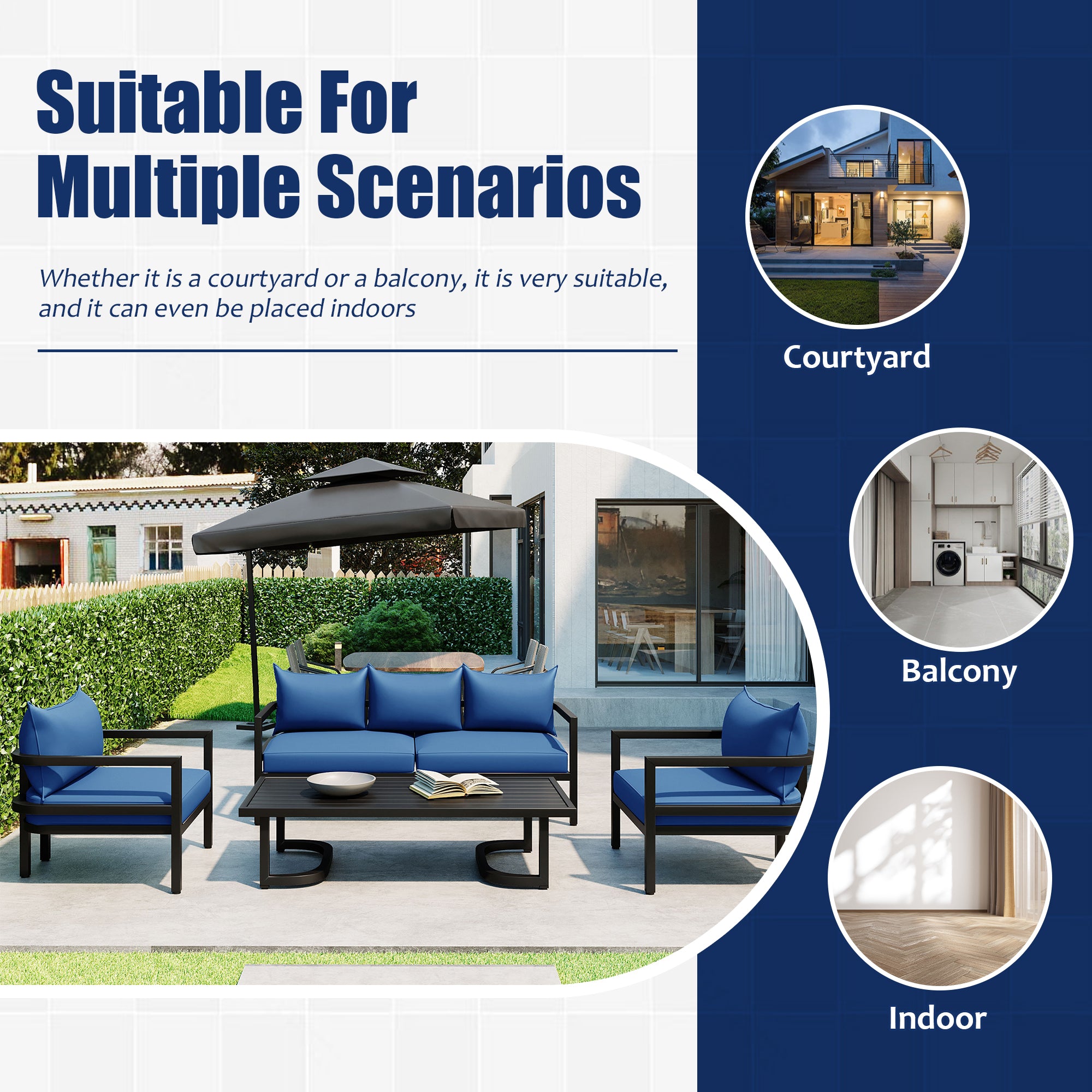 4-Piece Outdoor  Steel Patio Sectional with Table and Cushions