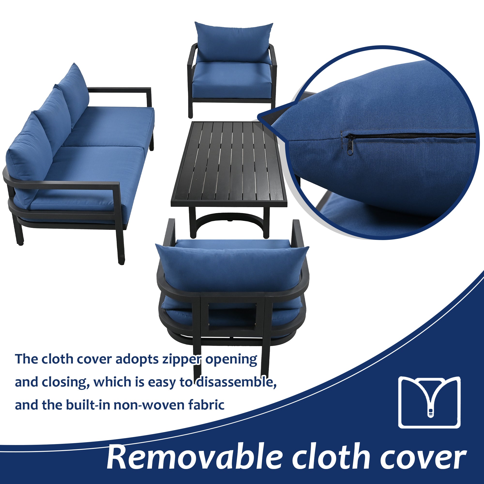 4-Piece Outdoor  Steel Patio Sectional with Table and Cushions