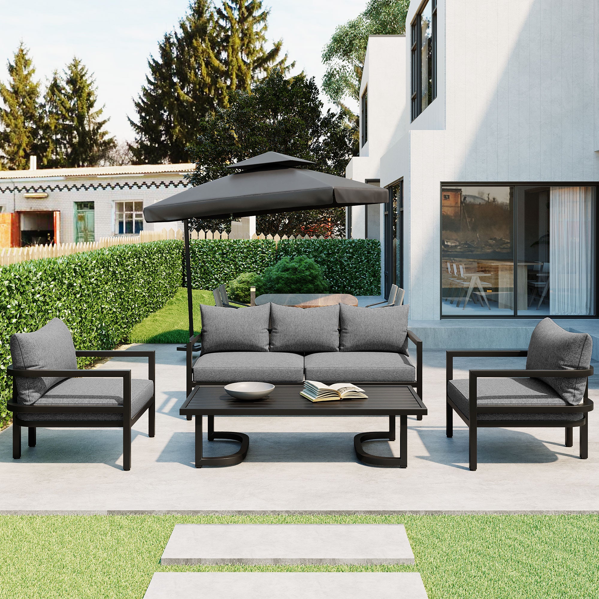 4-Piece Outdoor  Steel Patio Sectional with Table and Cushions