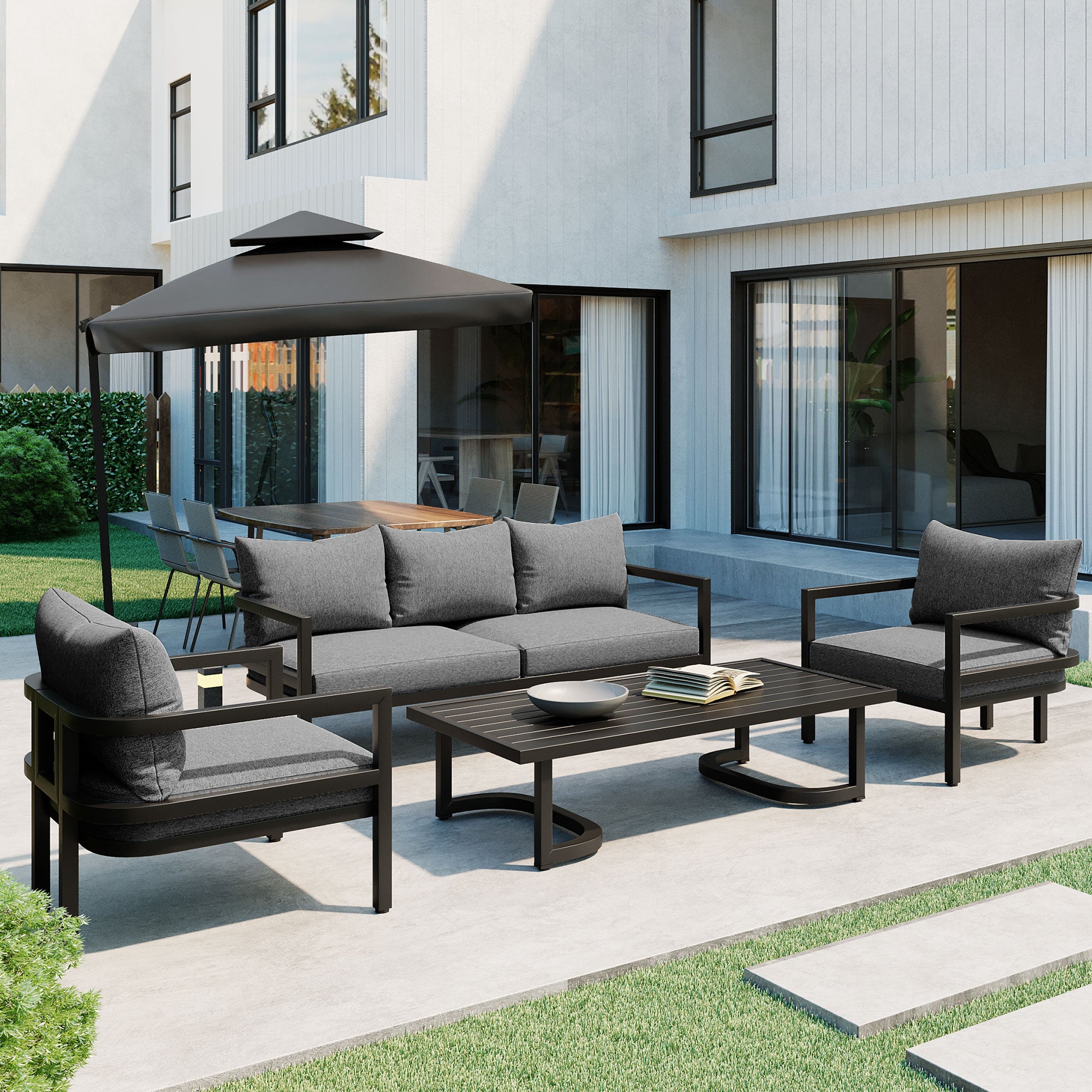4-Piece Outdoor  Steel Patio Sectional with Table and Cushions