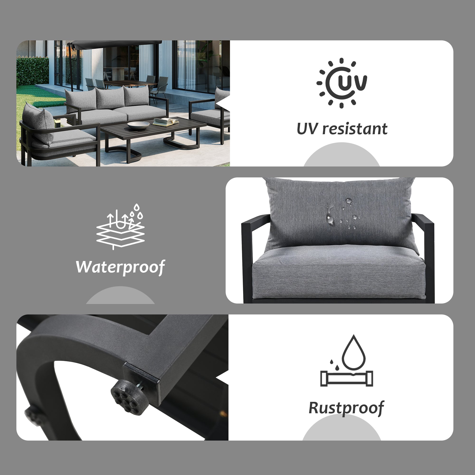 4-Piece Outdoor  Steel Patio Sectional with Table and Cushions